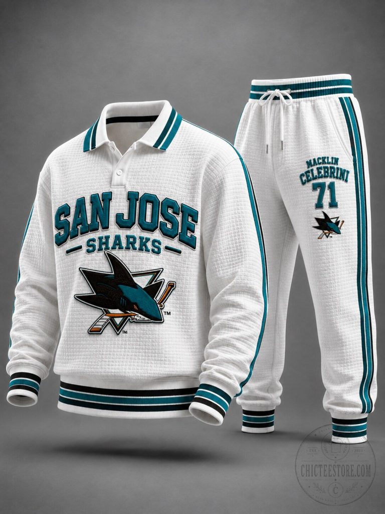 San Jose Sharks Macklin Celebrini Number 71 Men's Waffle Knit Polo Shirt and Pants Set 10 San Jose Sharks Macklin Celebrini Number 71 Men's Waffle Knit Polo Shirt and Pants Set