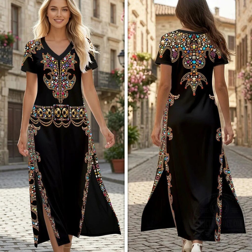Bohemian Beaded Print Black V-Neck Short Sleeve Maxi Dress 53 Bohemian Beaded Print Black V-Neck Short Sleeve Maxi Dress