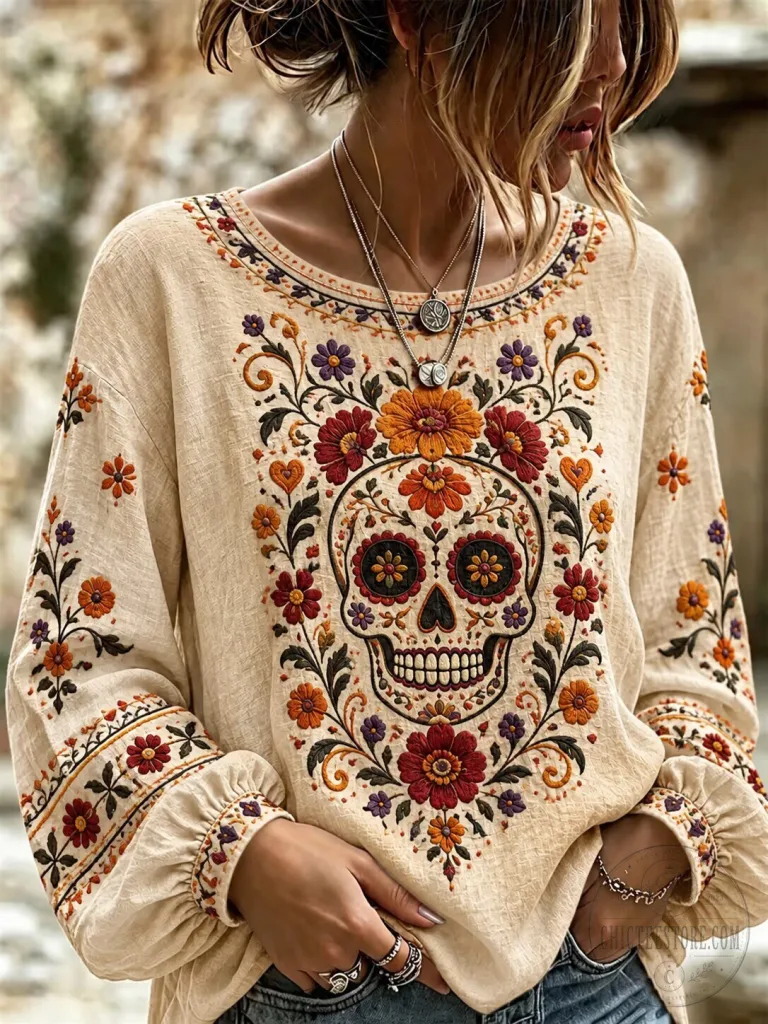 Mexican Day of the Dead Sugar Skull Embroidered Floral Long Sleeve Top