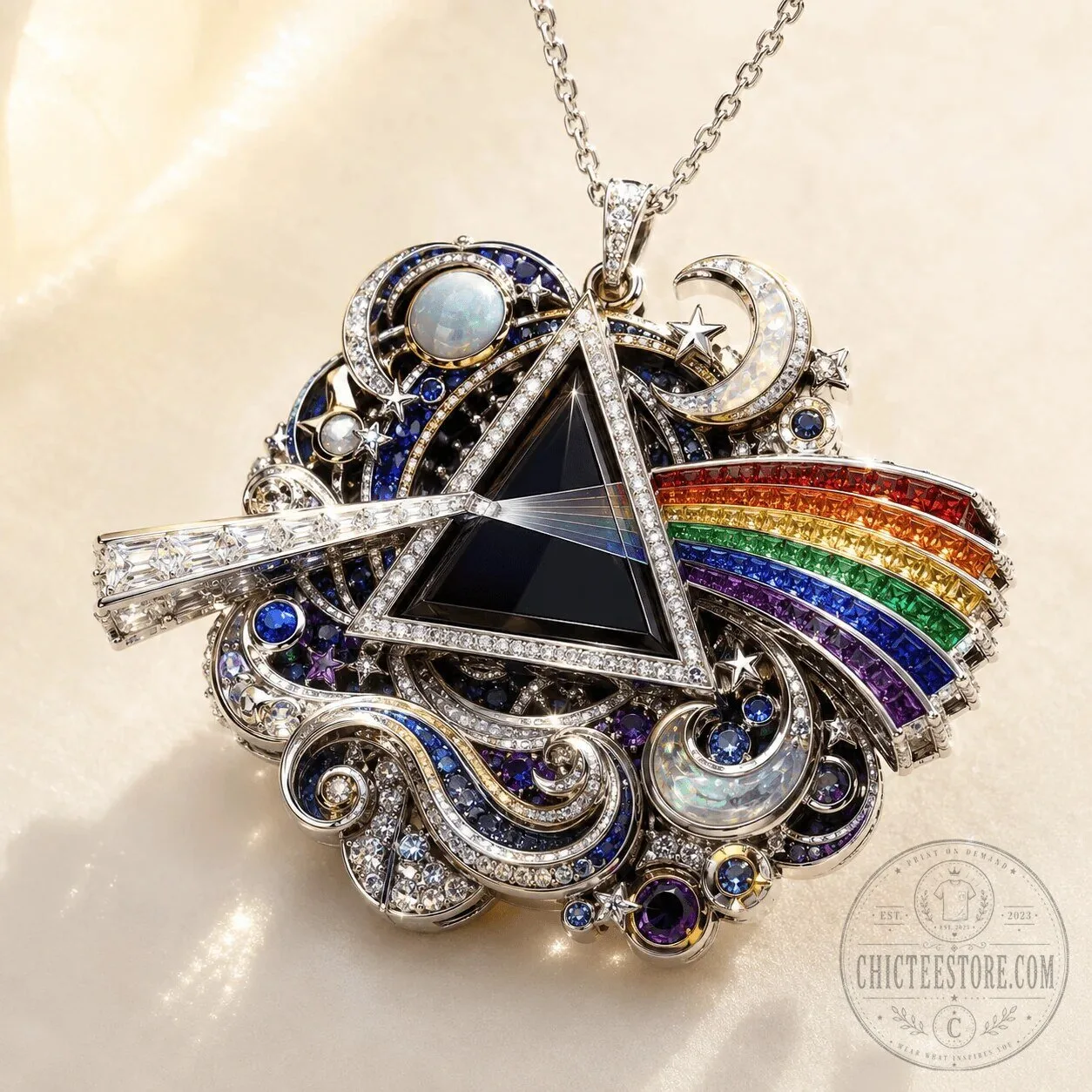 Pink Floyd Dark Side Of The Moon Diamond Rainbow Prism Pendant Necklace