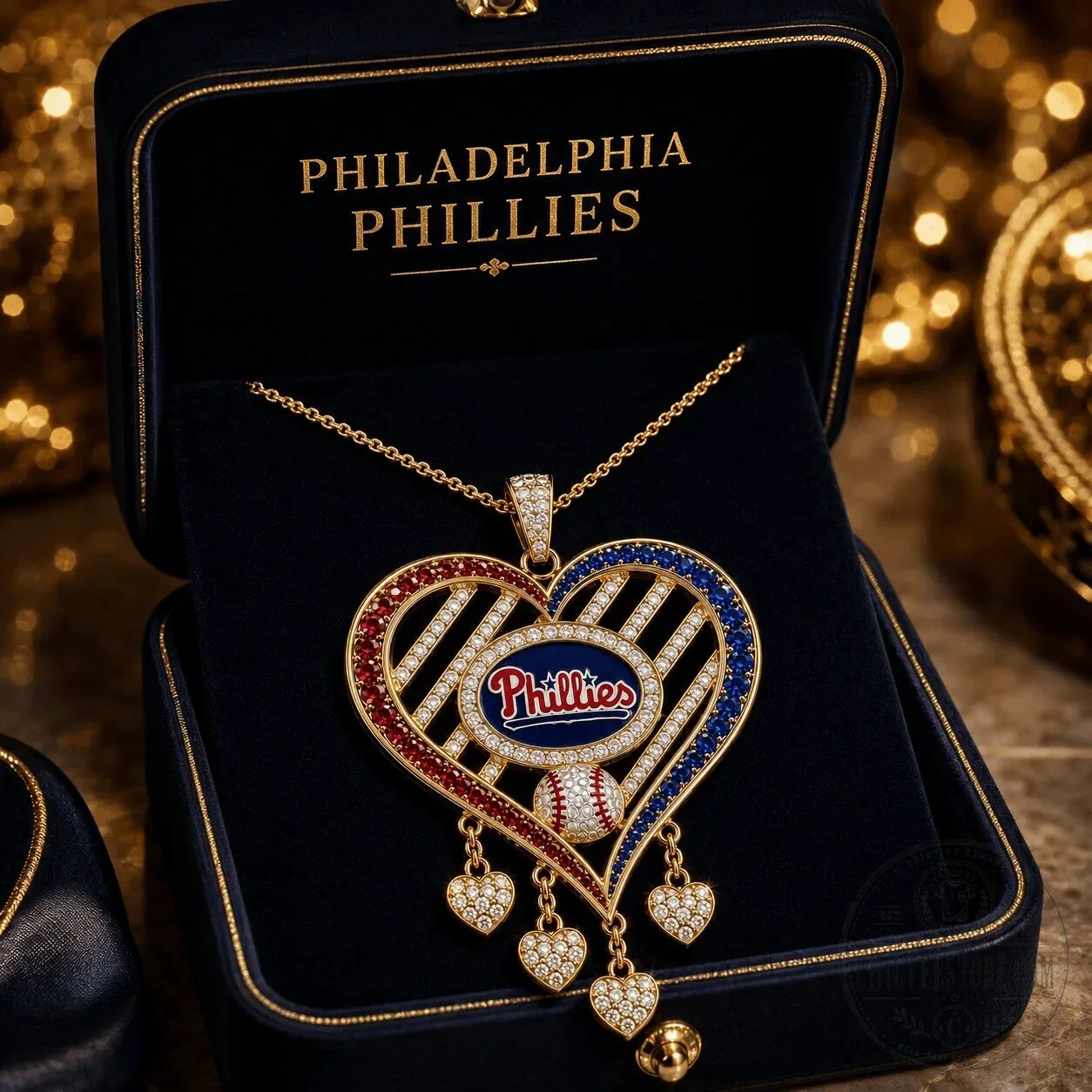 Philadelphia Phillies Heart Shaped Gold Chain Necklace with Diamond Pendant