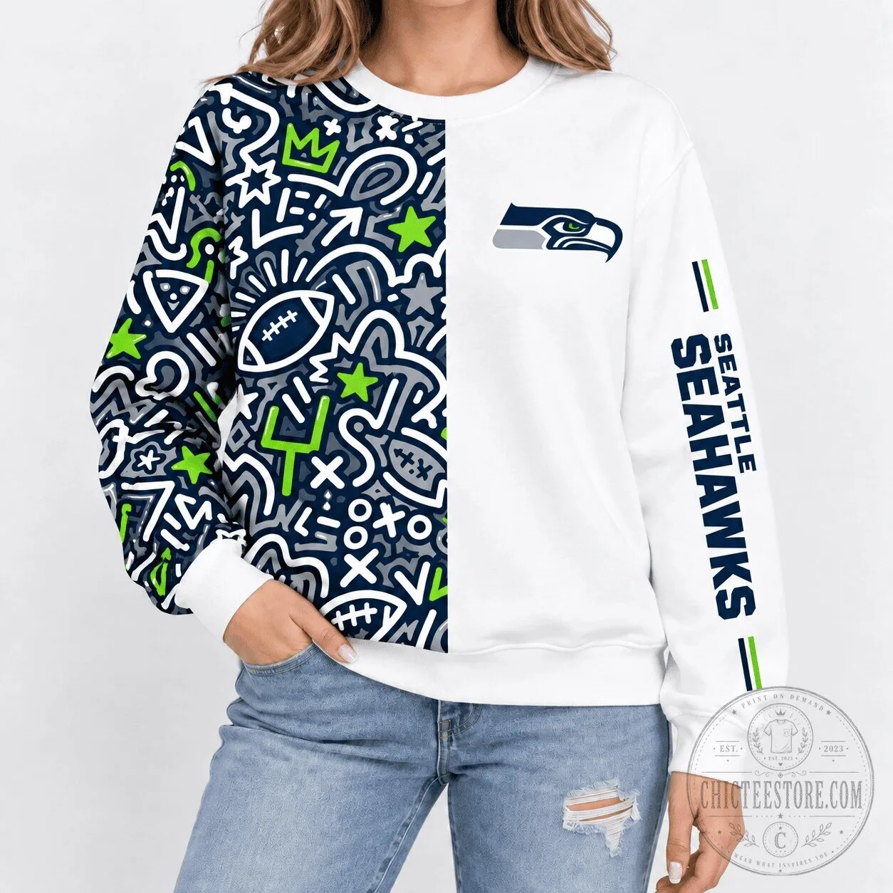 Seattle Seahawks Football Team Doodle Design Crewneck Sweatshirt