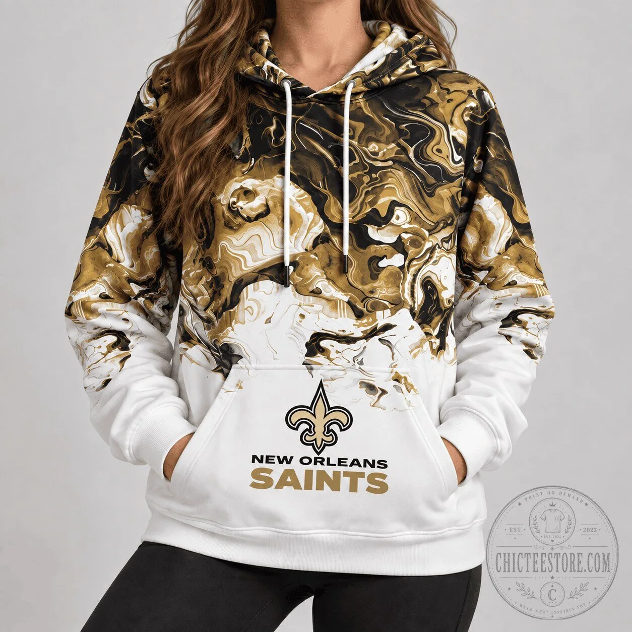 New Orleans Saints Black Gold White Marble Swirl Pattern NFL Team Hoodie