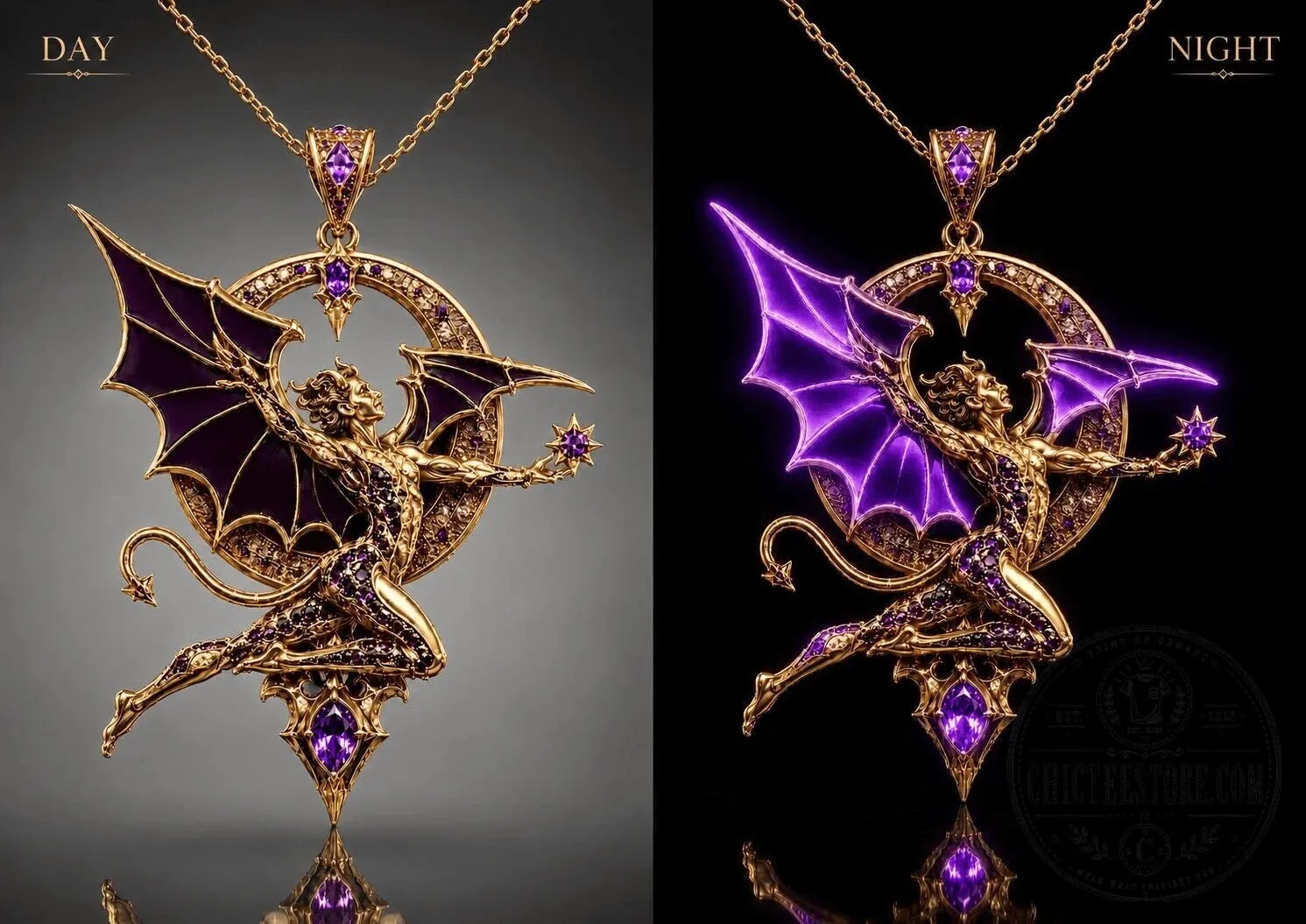 Gothic Dragon Devil Demon Pendant Necklace with Purple Gemstones