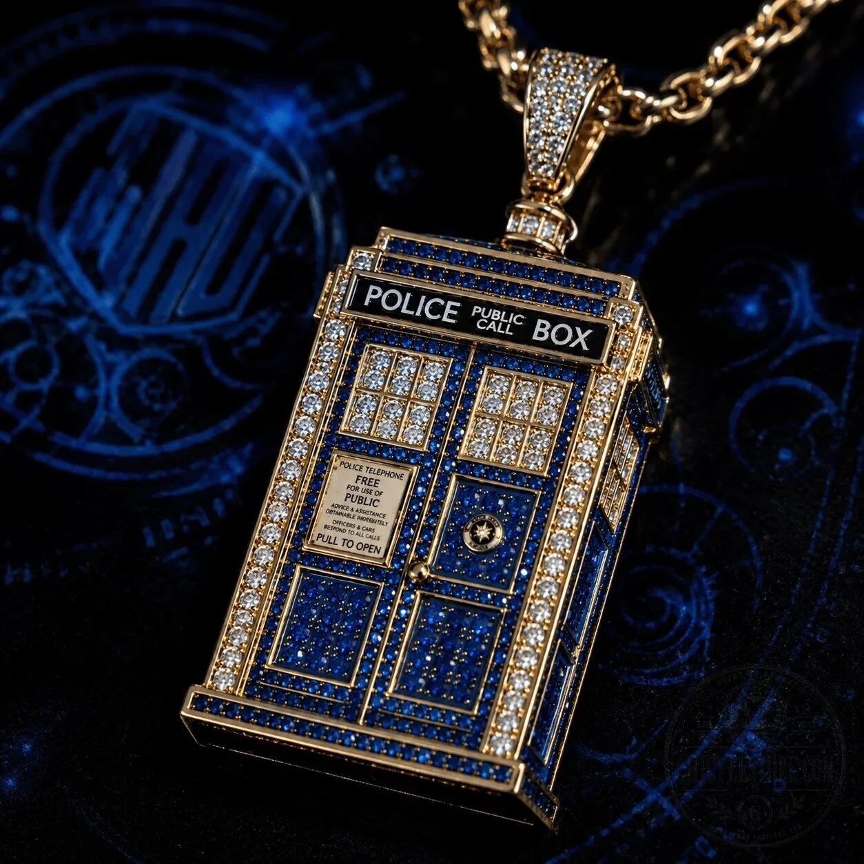 Doctor Who TARDIS Police Box Gold Diamond Pendant Necklace