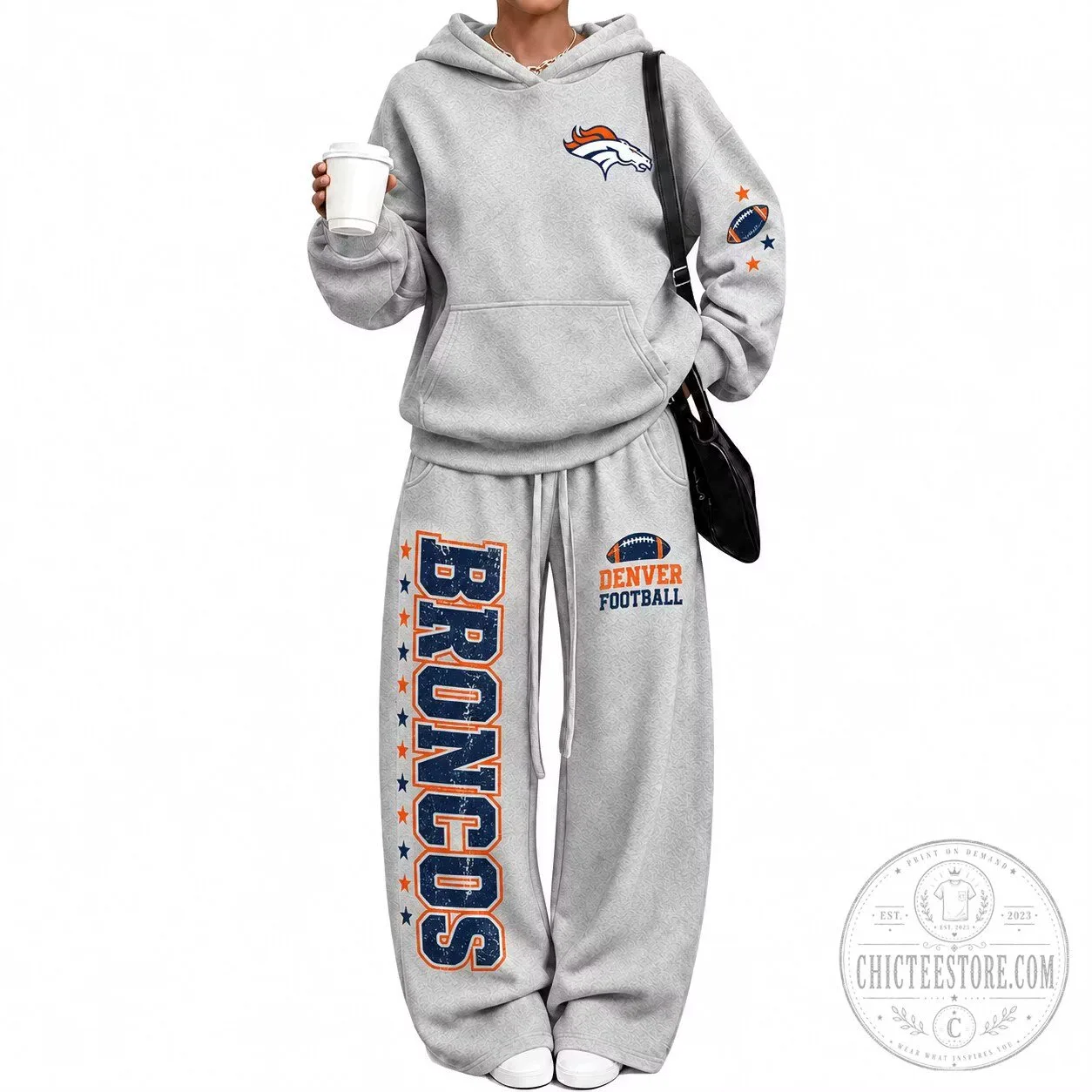 Denver Broncos Football Team Gray Hoodie and Sweatpants Set for Women