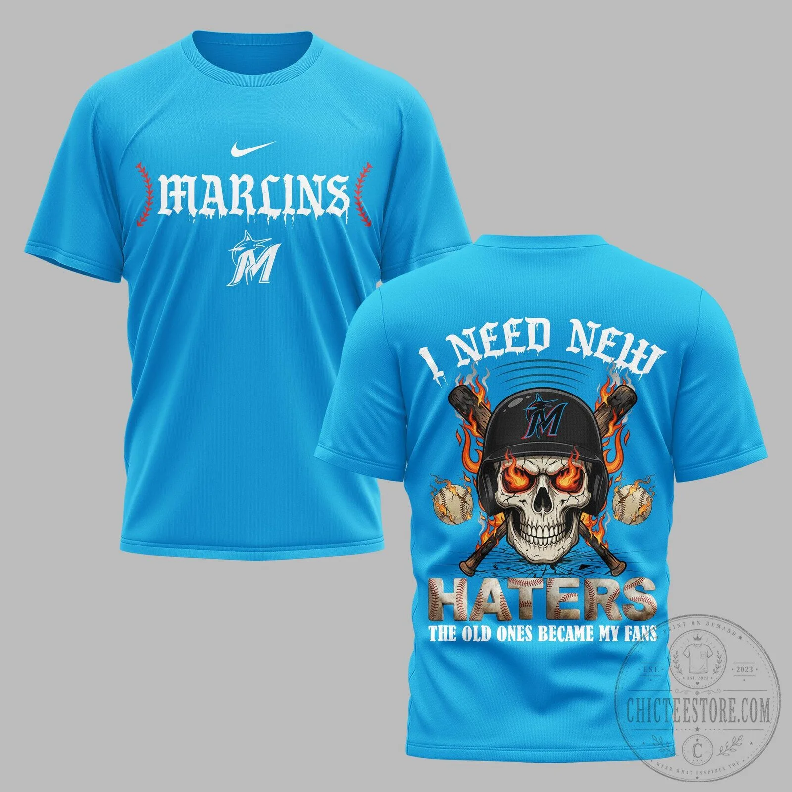 Miami Marlins Baseball Skull Design Fan Short Sleeve T-Shirt