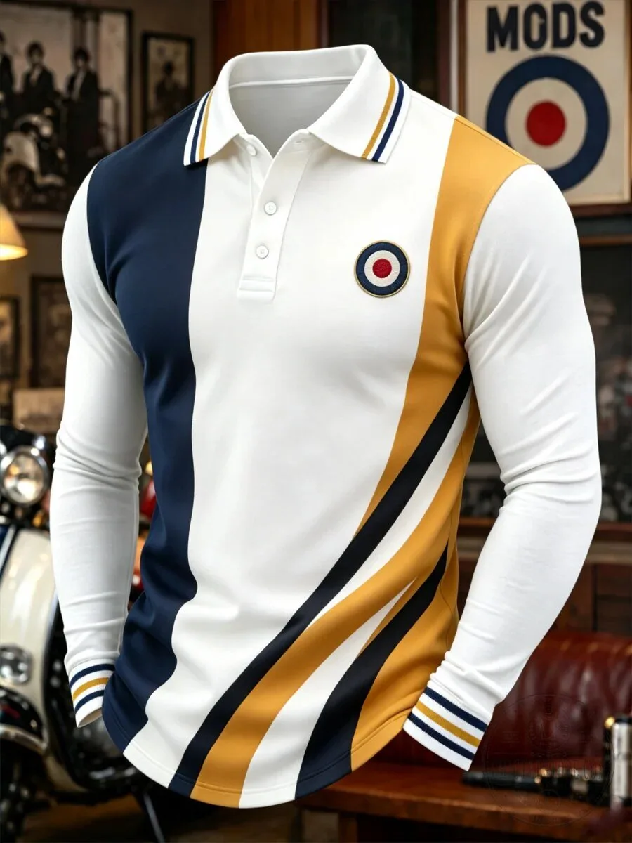 Mods Culture Target Logo Striped Long Sleeve Polo Shirt for Men
