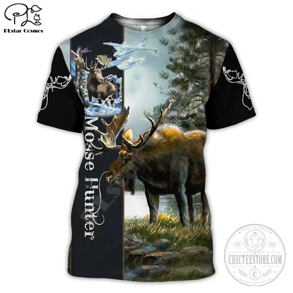 Moose Hunter Animal Hunting Camouflage Printed T-Shirt