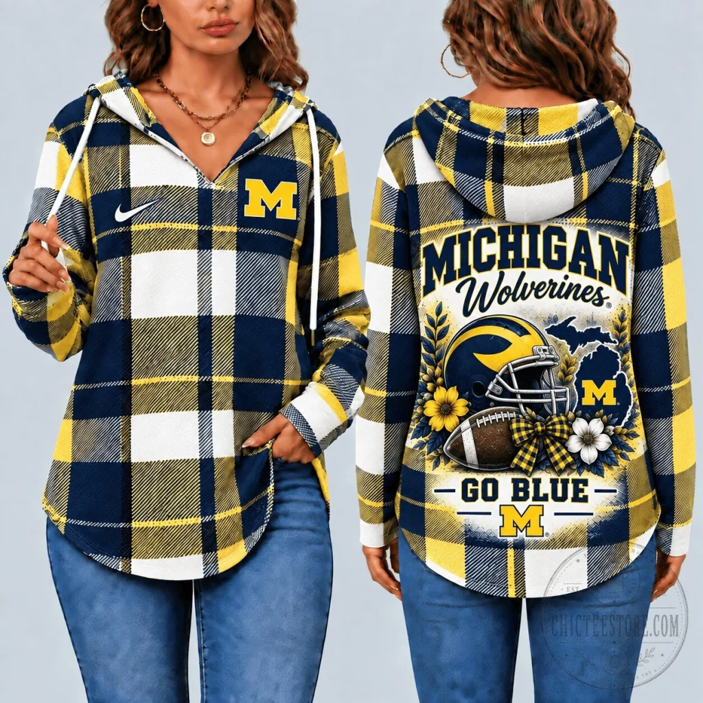 Michigan Wolverines Plaid Football Game Day Go Blue Women's Hoodie Michigan Wolverines Plaid Football Game Day Go Blue Women's Hoodie