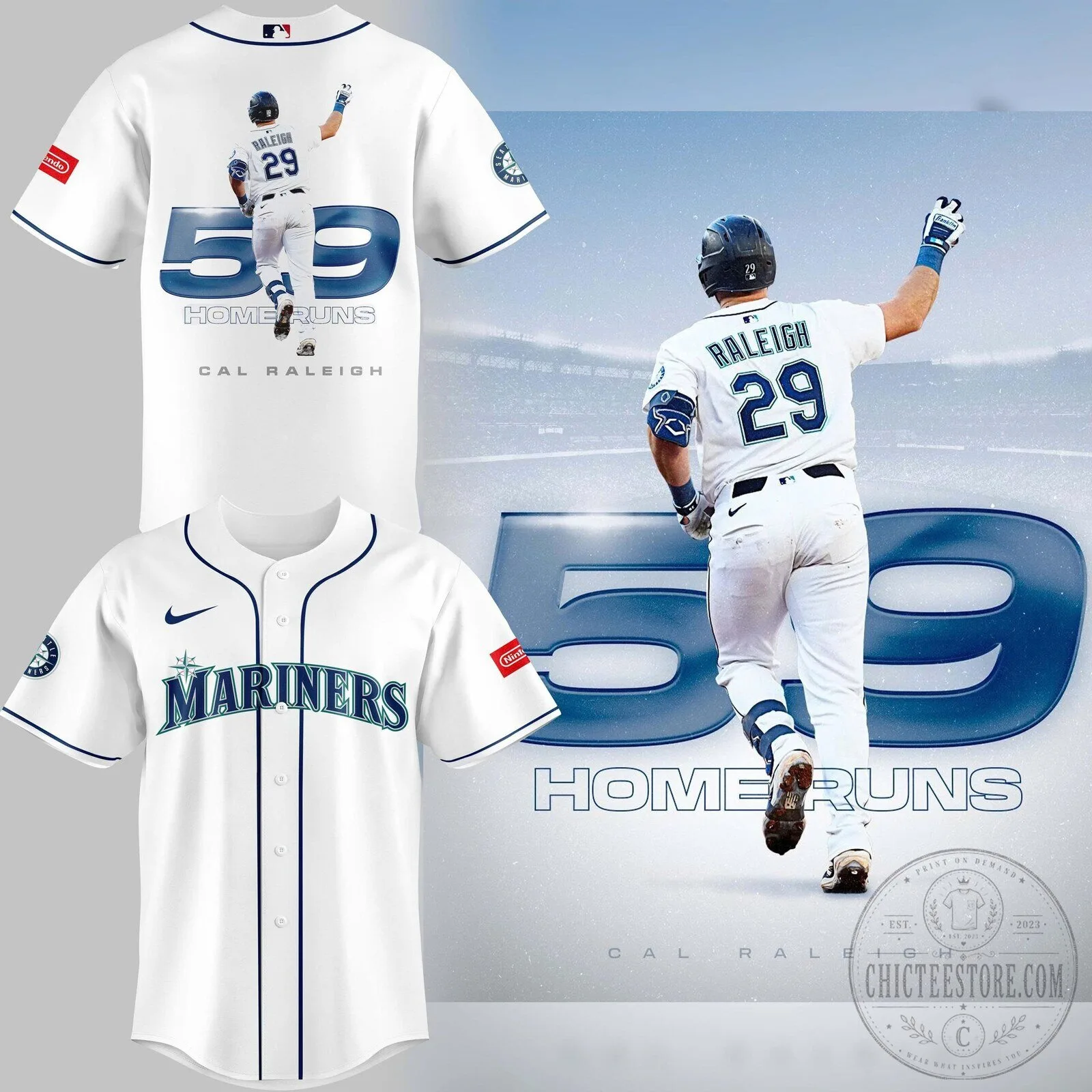 Seattle Mariners Baseball Cal Raleigh 59 Home Runs White Baseball Jersey