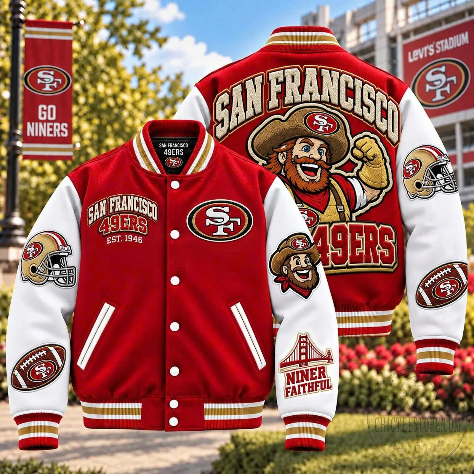 San Francisco 49ers Go Niners Faithful Varsity Bomber Jacket