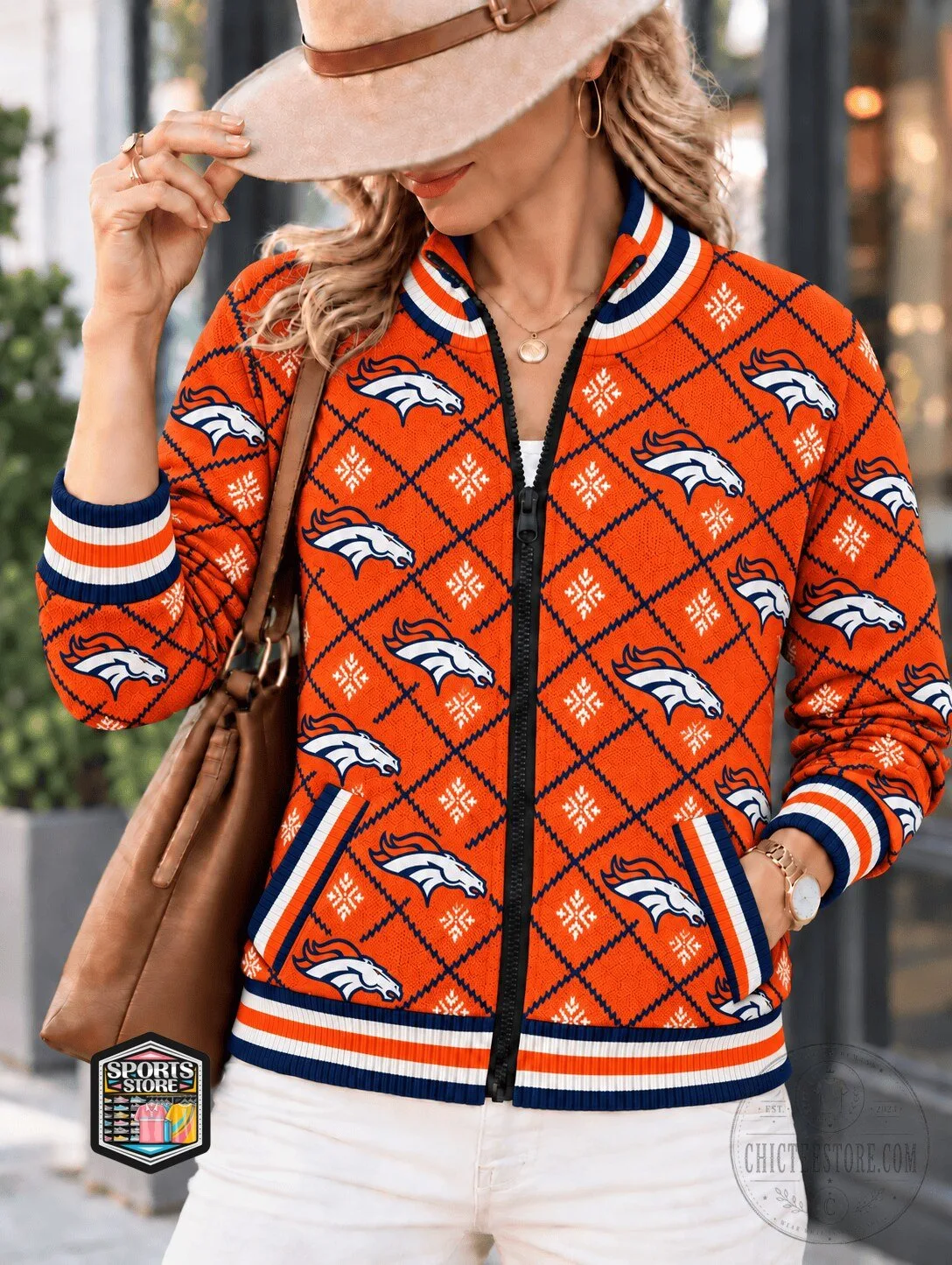 Denver Broncos Patterned Orange and Blue Full-Zip Bomber Jacket