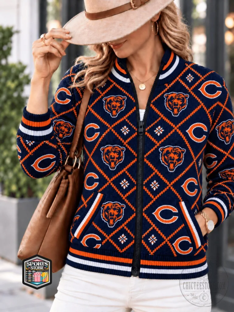Chicago Bears Diamond Pattern Full-Zip Bomber Jacket 1 Chicago Bears Diamond Pattern Full-Zip Bomber Jacket