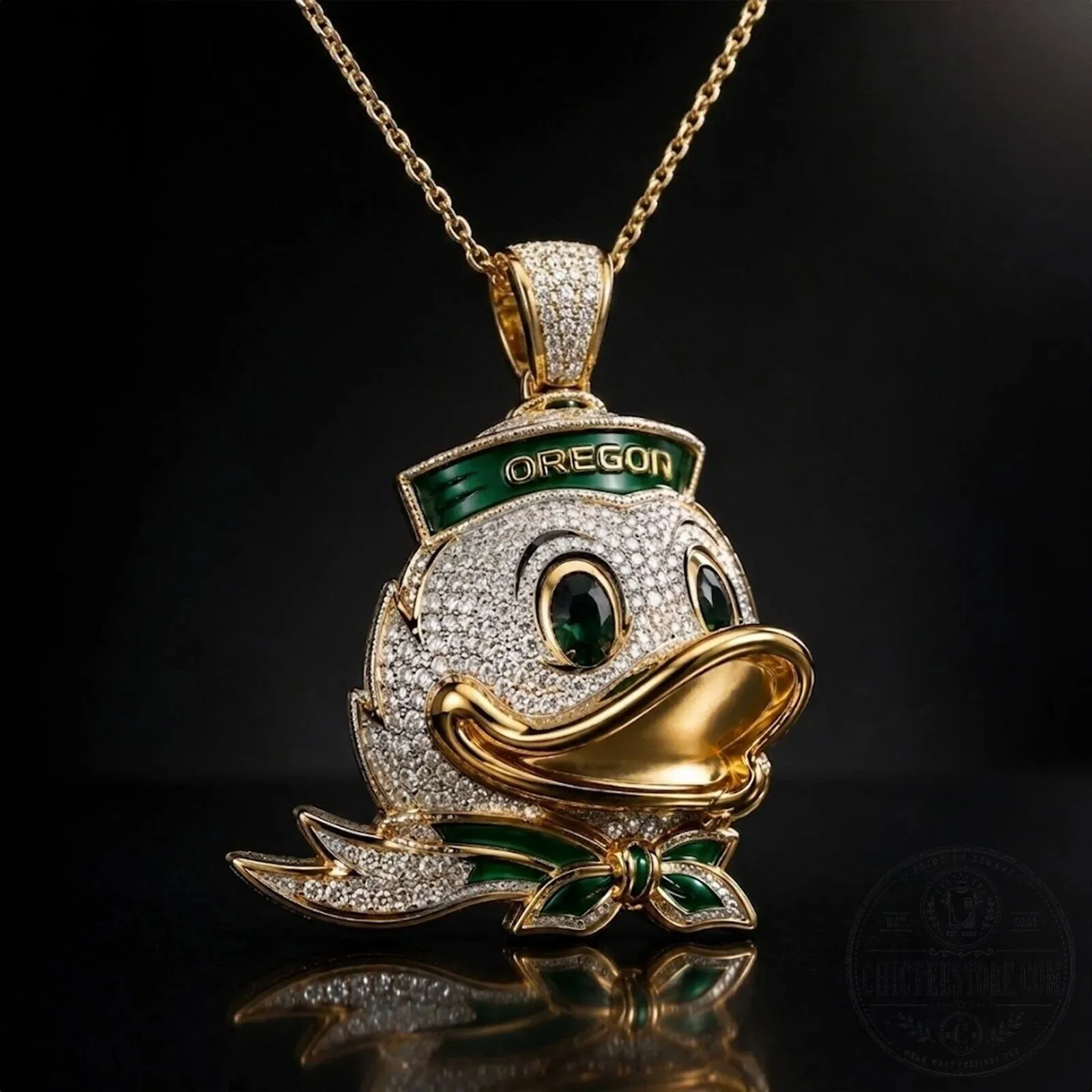 Oregon Ducks Mascot Diamond Gold Plated Chain Necklace