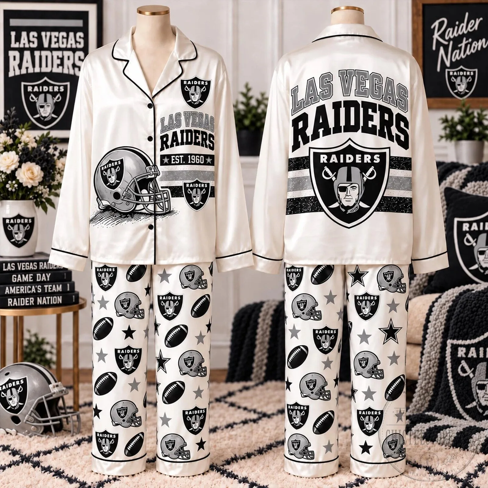 Las Vegas Raiders Football Team Logo and Helmet Pattern Pajamas Set