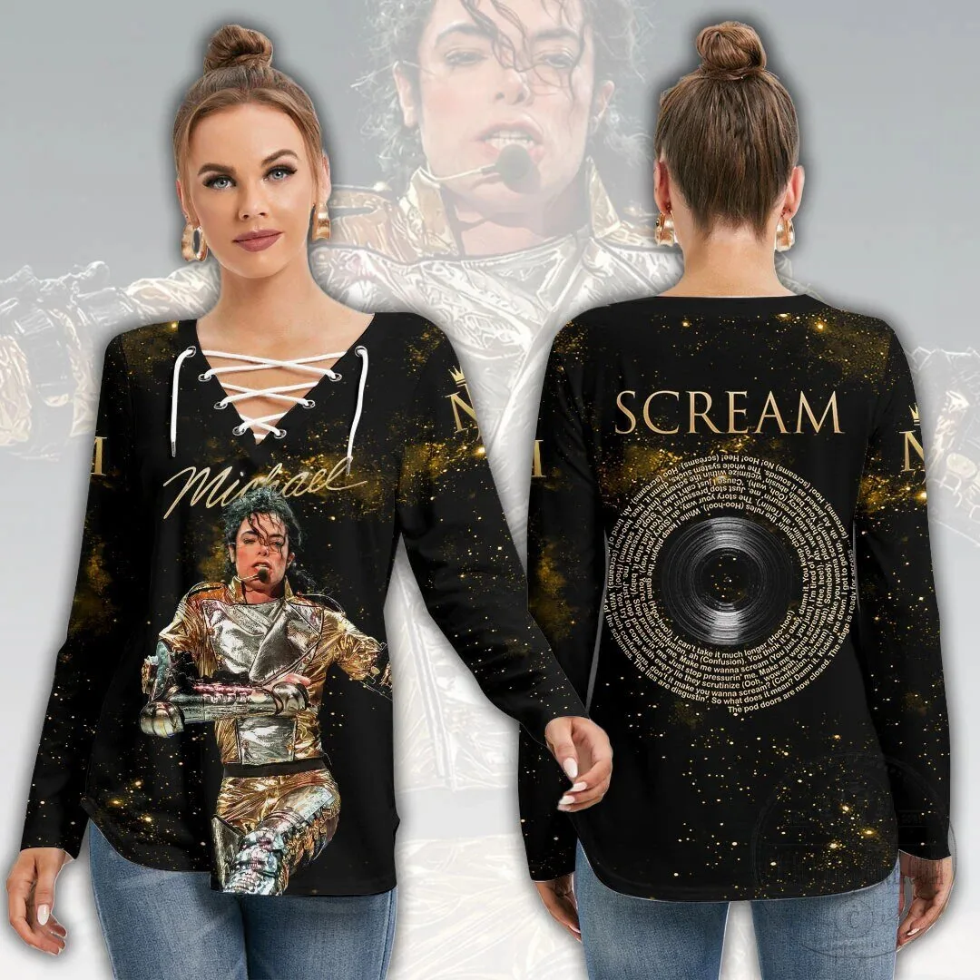 Michael Jackson Scream Album Cover Lace-Up Long-Sleeve Shirt for Women