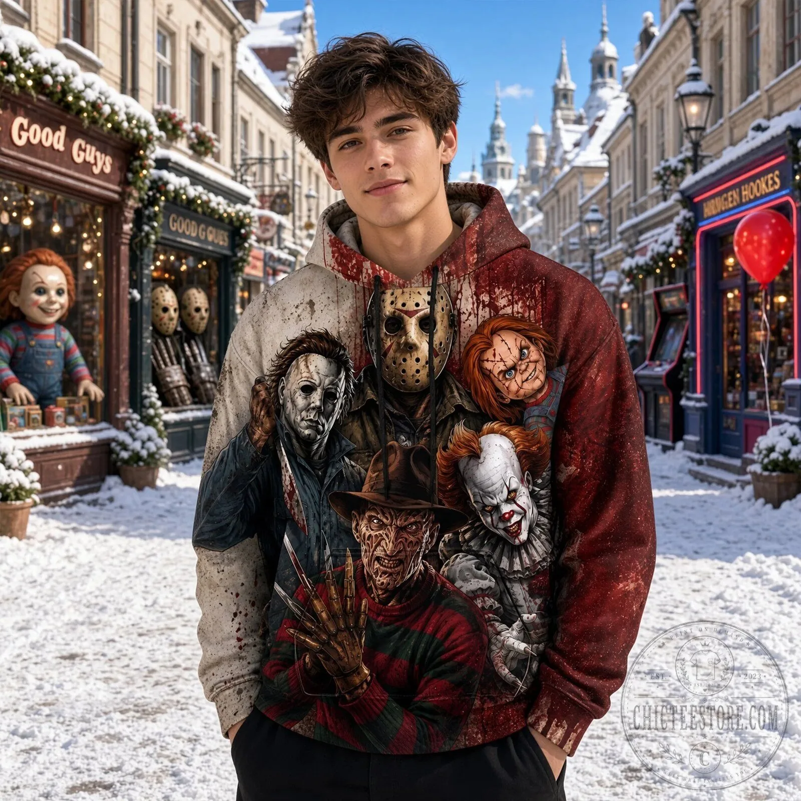 Horror Movie Villains Halloween Blood Splatter All Over Print Hoodie