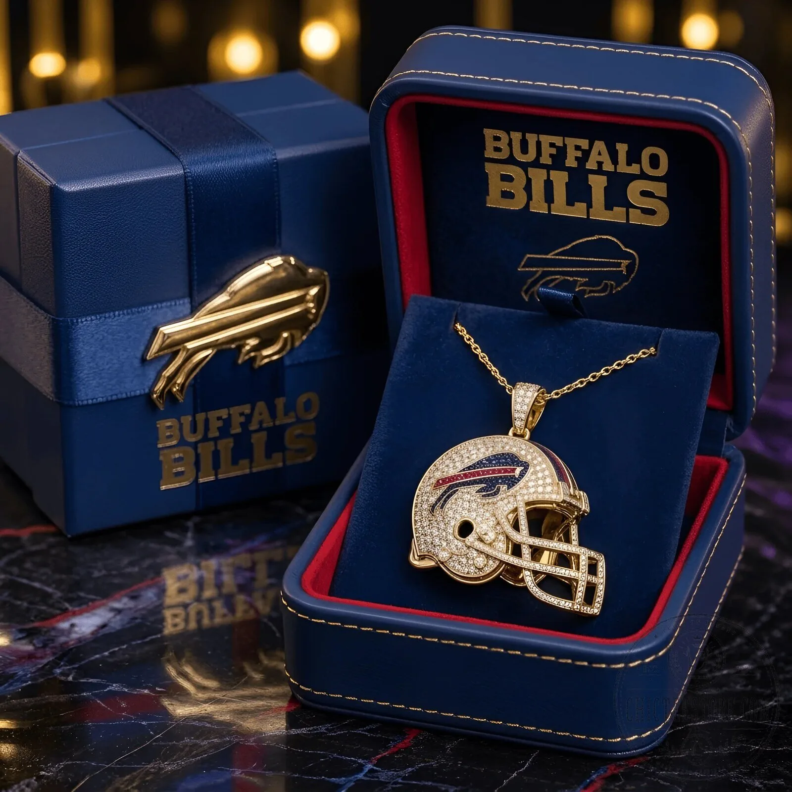 Buffalo Bills Football Helmet Diamond Pendant Necklace with Gold Chain