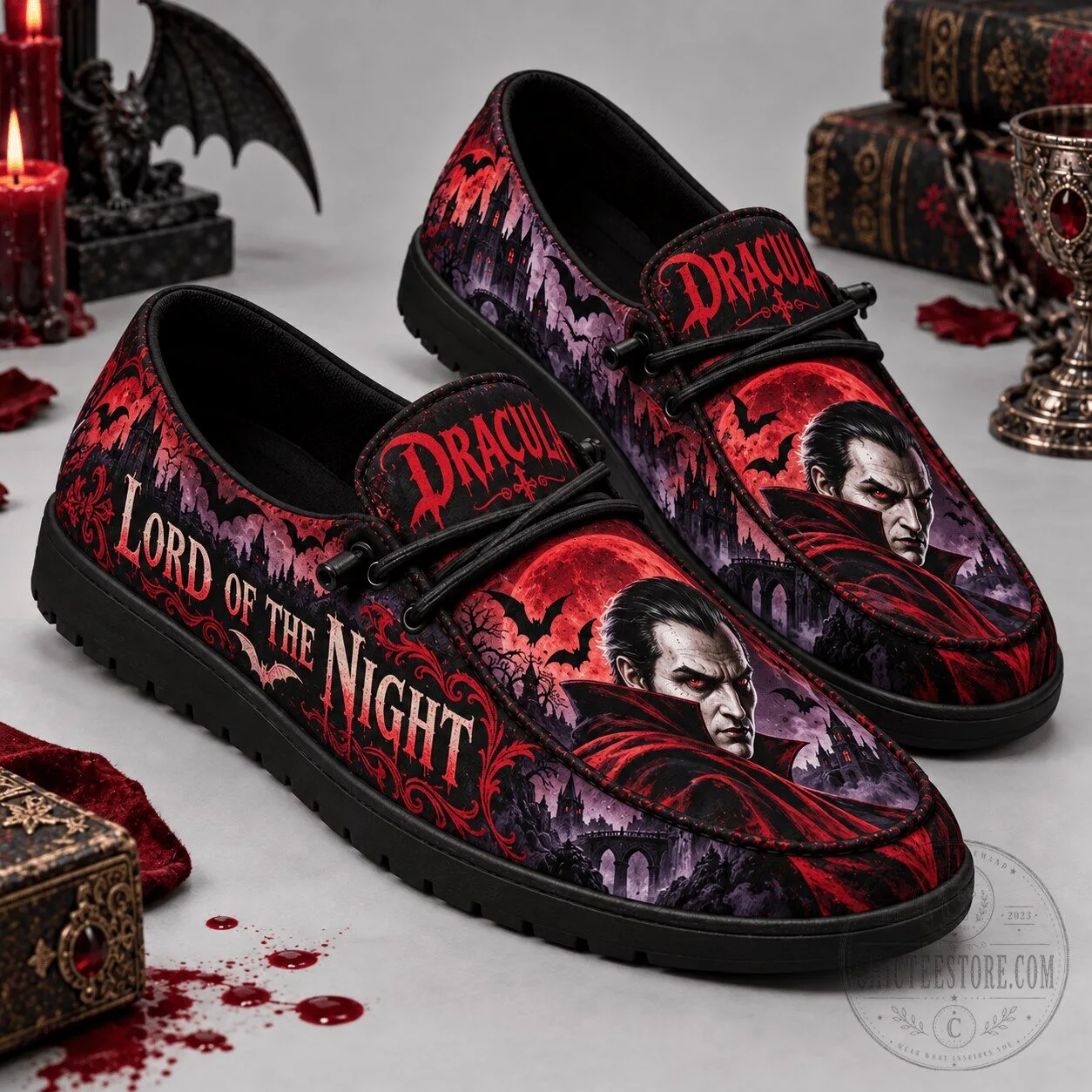 Dracula Lord of the Night Red Moon Gothic Castle Loafer Shoes