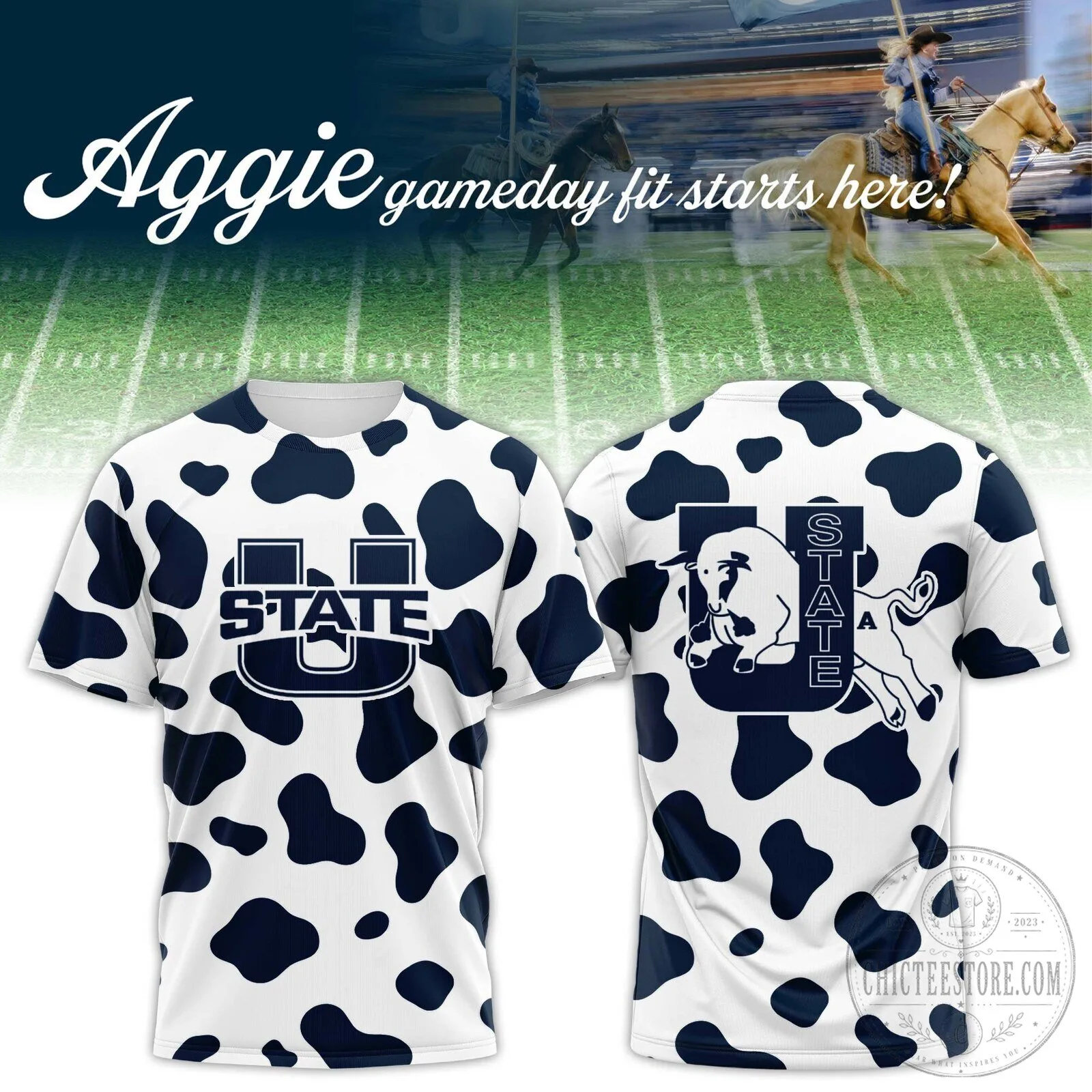 Utah State Aggies Cow Print Game Day Football Team Fan T-Shirt