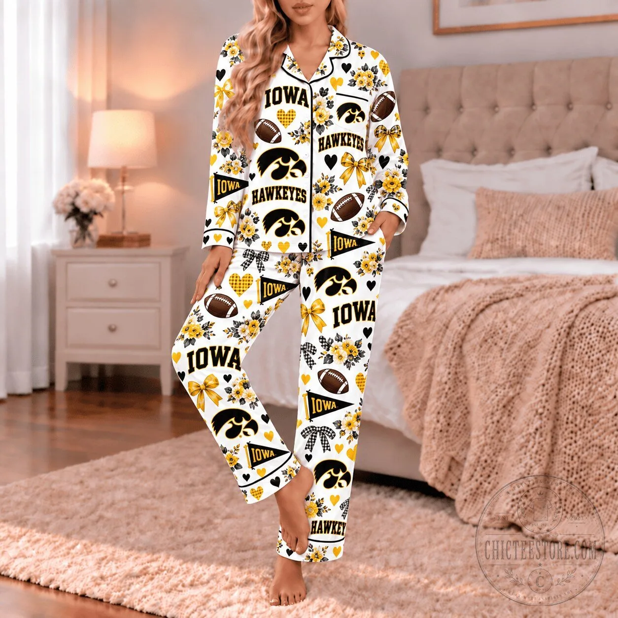 Iowa Hawkeyes Floral Pattern Long Sleeve Button Up Pajamas Set