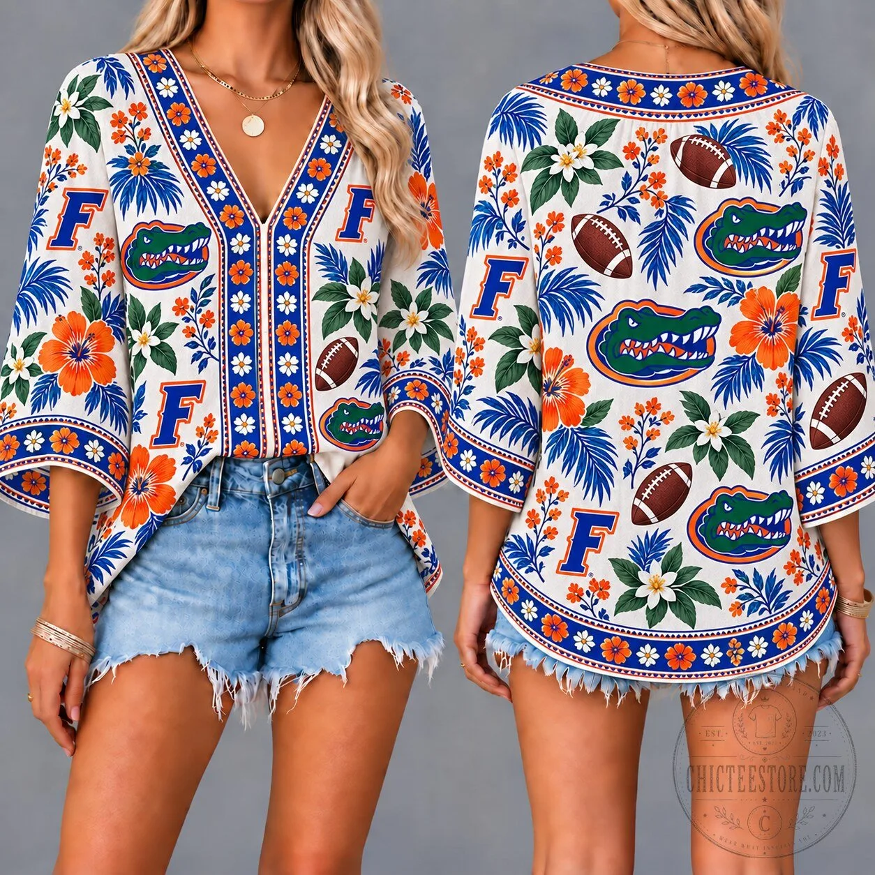 Florida Gators NCAA College Team Floral Boho V-Neck Blouse – Women’s Football Fan 3/4 Sleeve Top