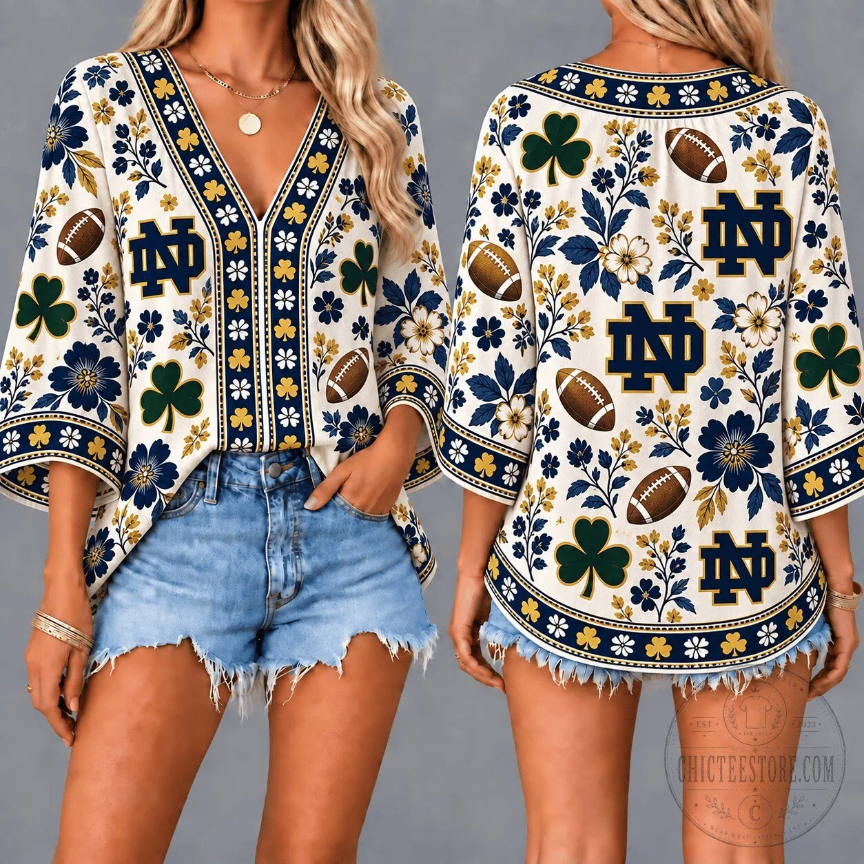 Notre Dame Fighting Irish Football Team Floral Boho V-Neck Blouse Top