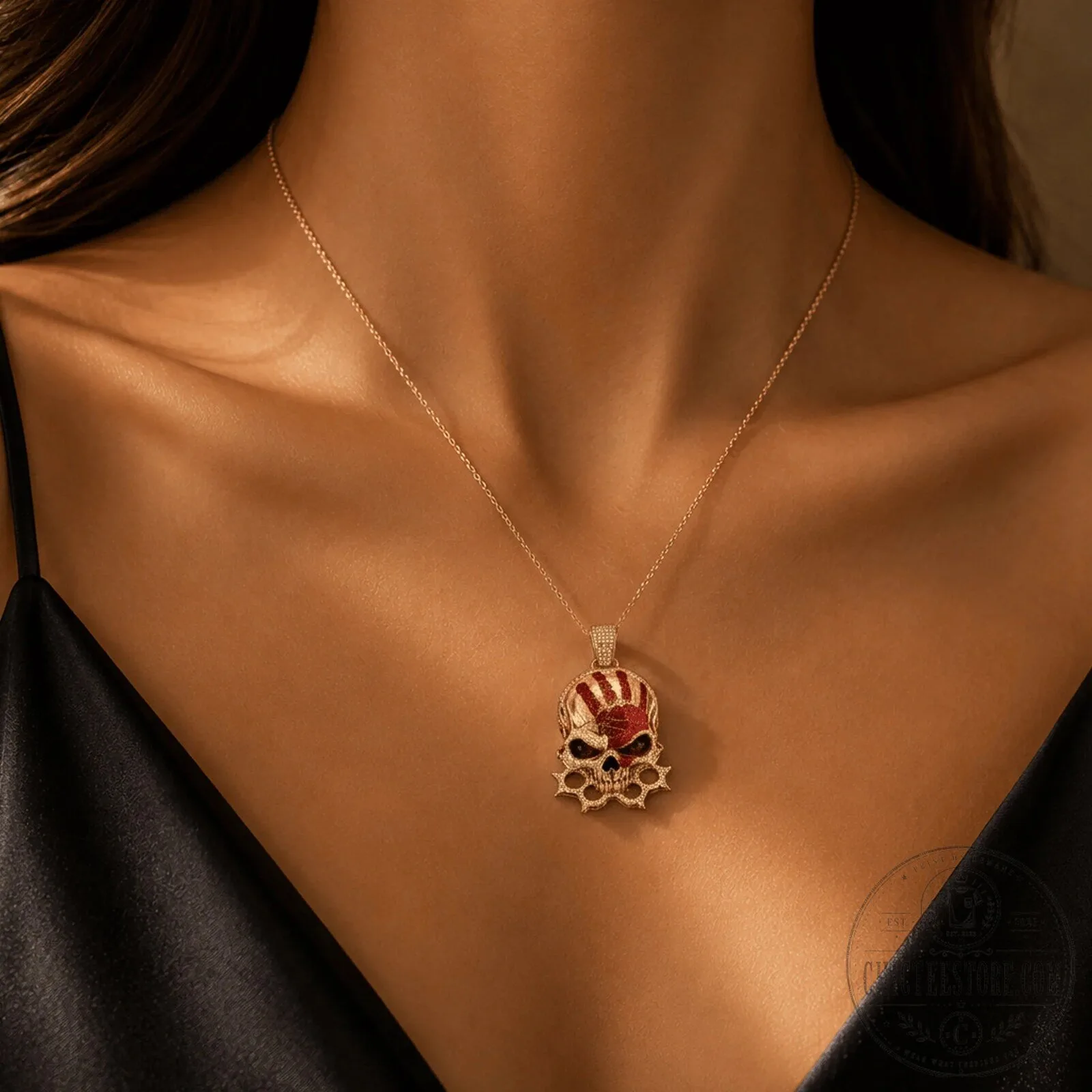 Five Finger Death Punch Skull Pendant Necklace with Gold Chain and Diamonds