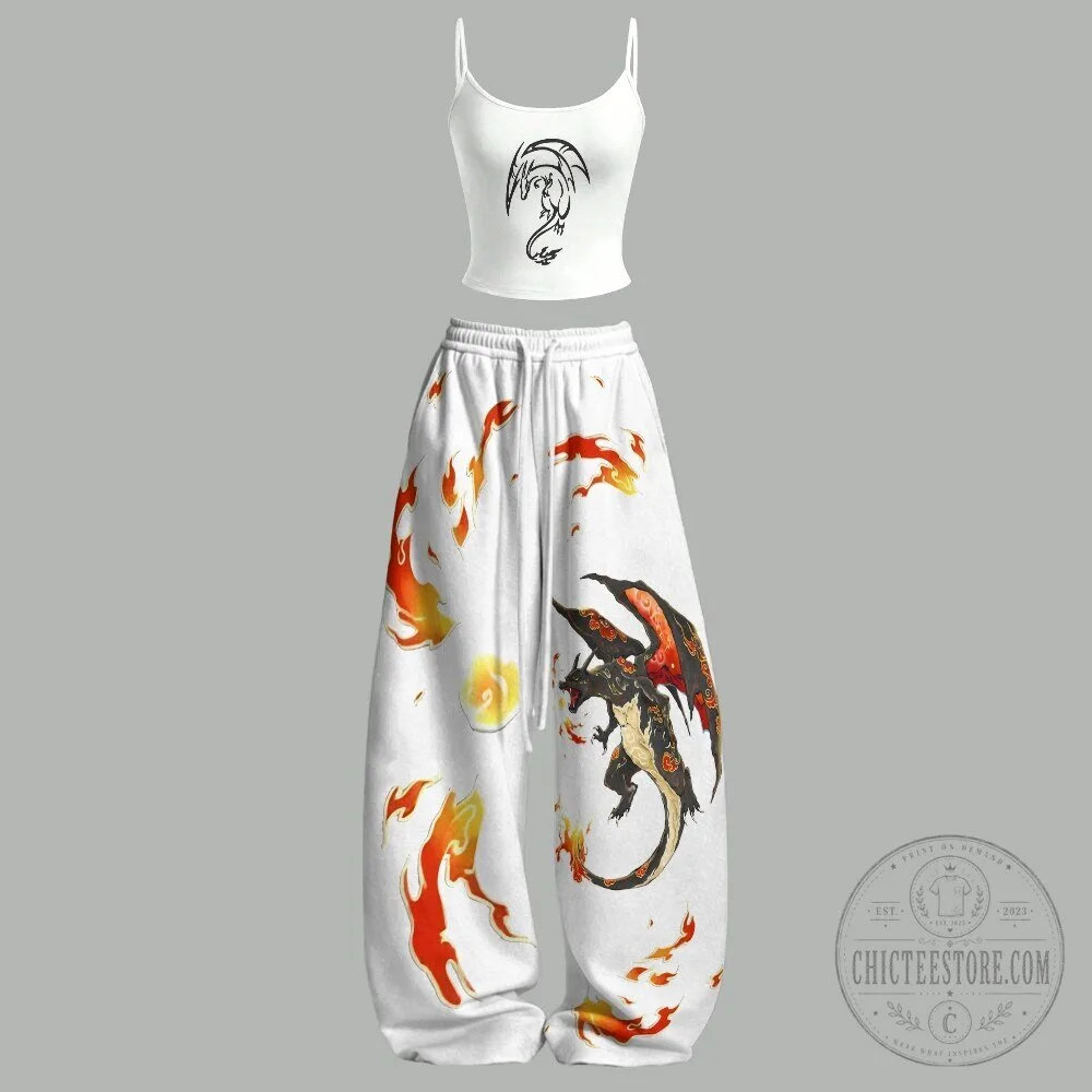 Dragon Fire Print White Crop Top and Wide Leg Pants Two Piece Set