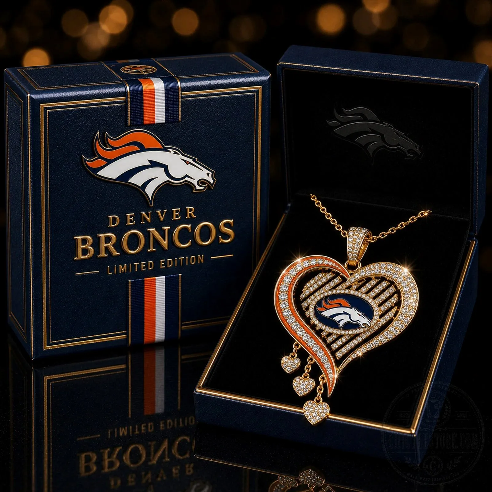Denver Broncos Heart Pendant Necklace with Gold Chain and Rhinestones