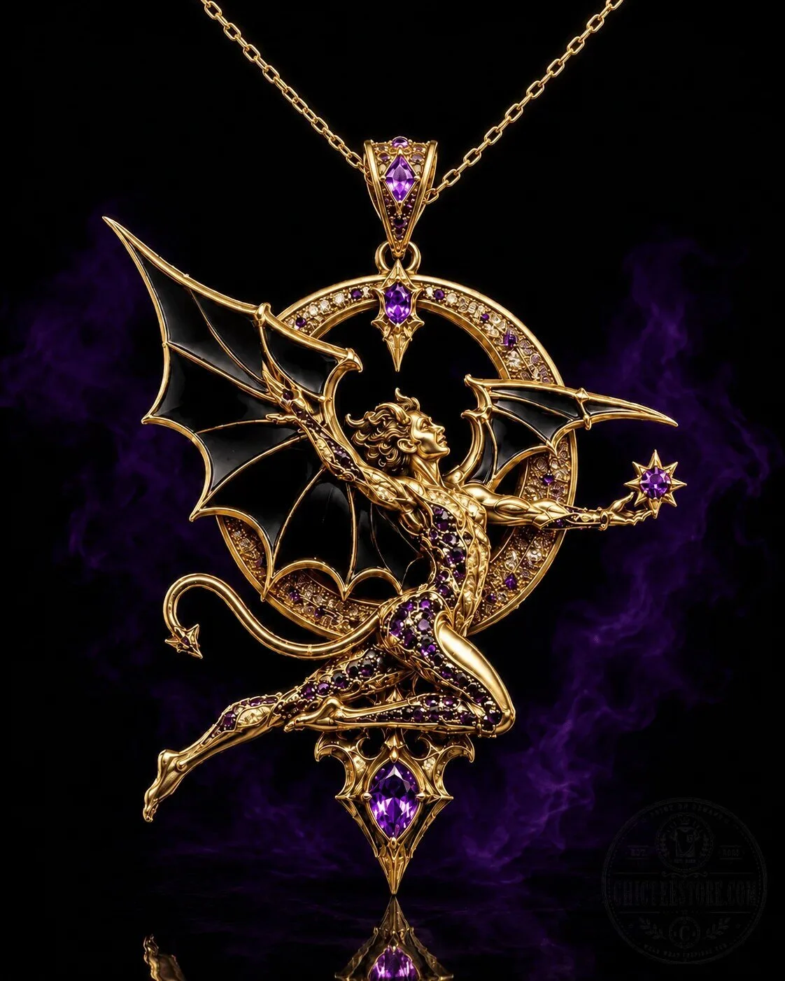 Golden Devil Pendant Necklace with Purple Gemstones and Bat Wings