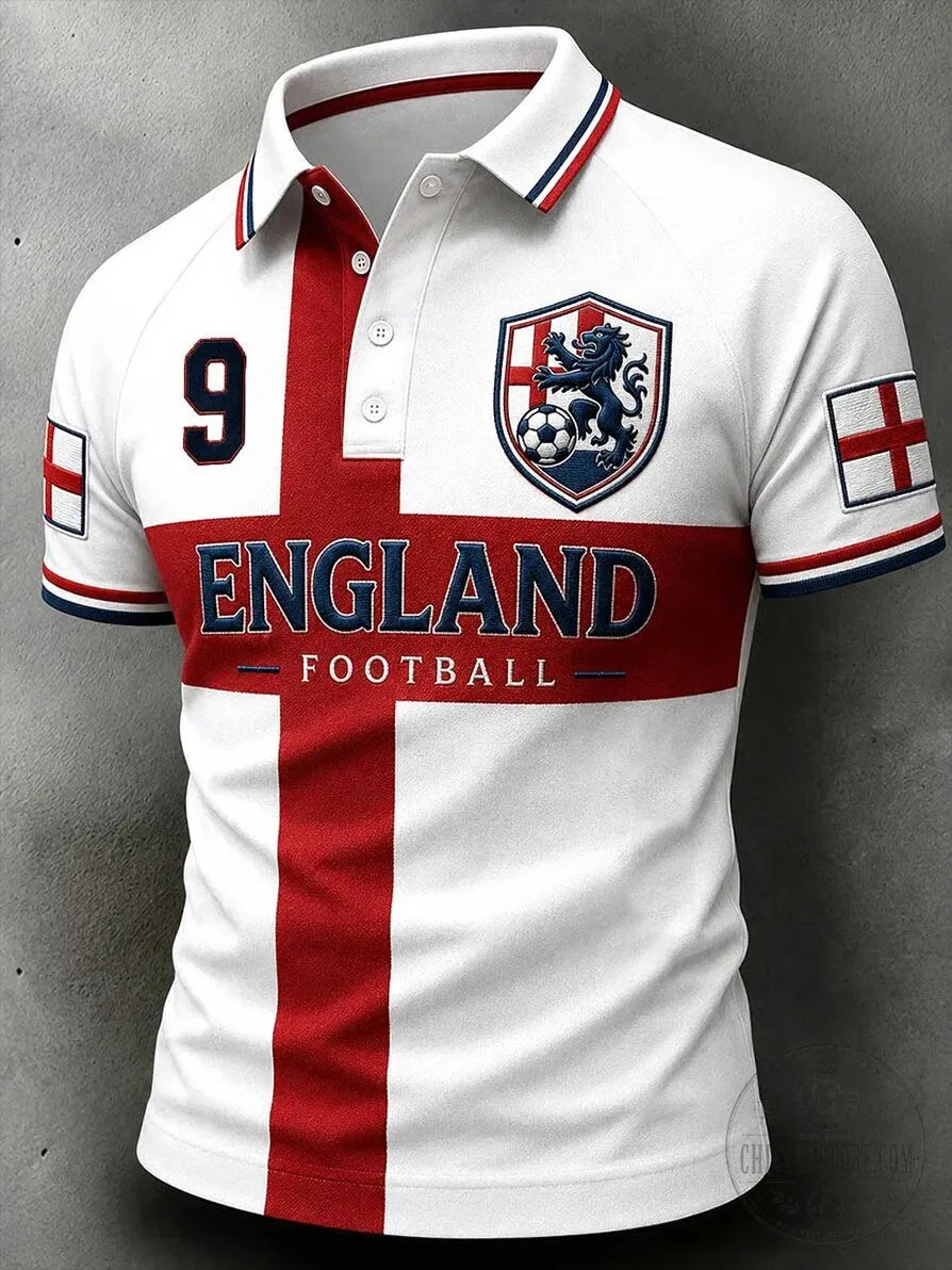 England Football Fan Polo Shirt with Number 9 and Lion Crest