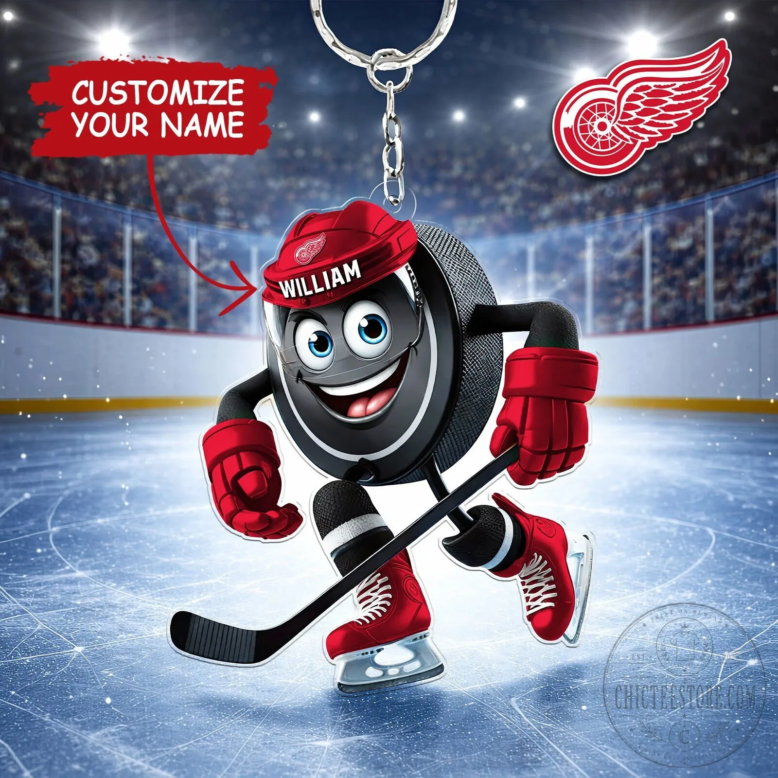 Detroit Red Wings Personalized Hockey Puck Mascot Keychain
