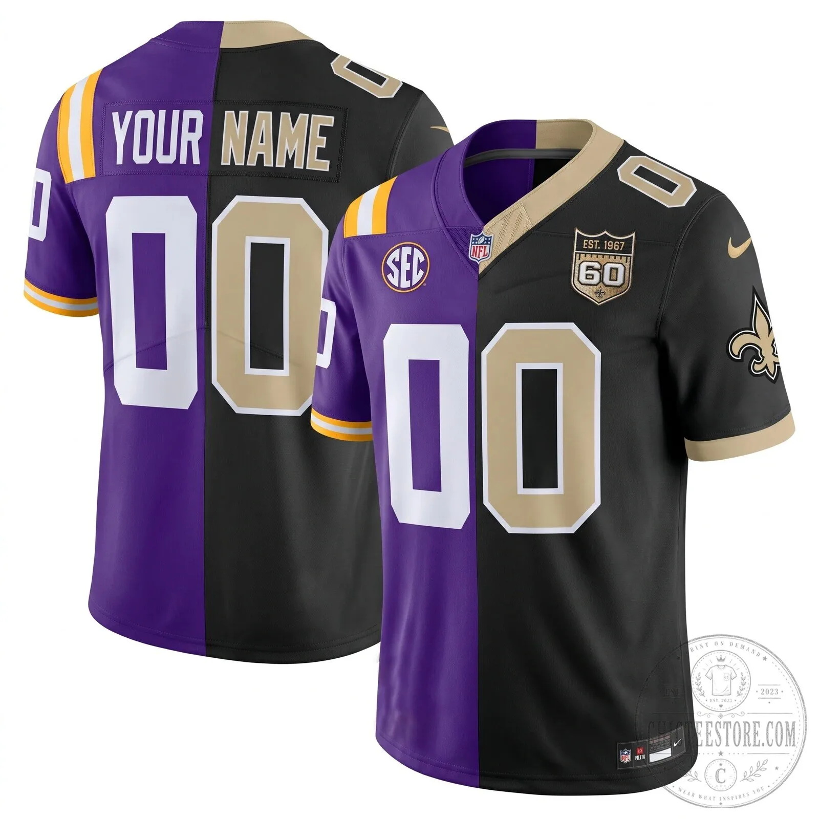 New Orleans Saints LSU Tigers Split Custom Football Jersey