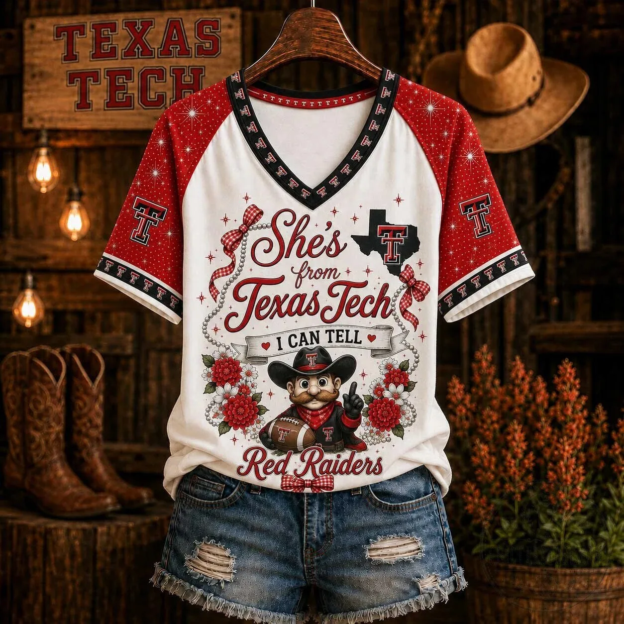 Texas Tech Red Raiders Baseball Style V-Neck T-Shirt for Women