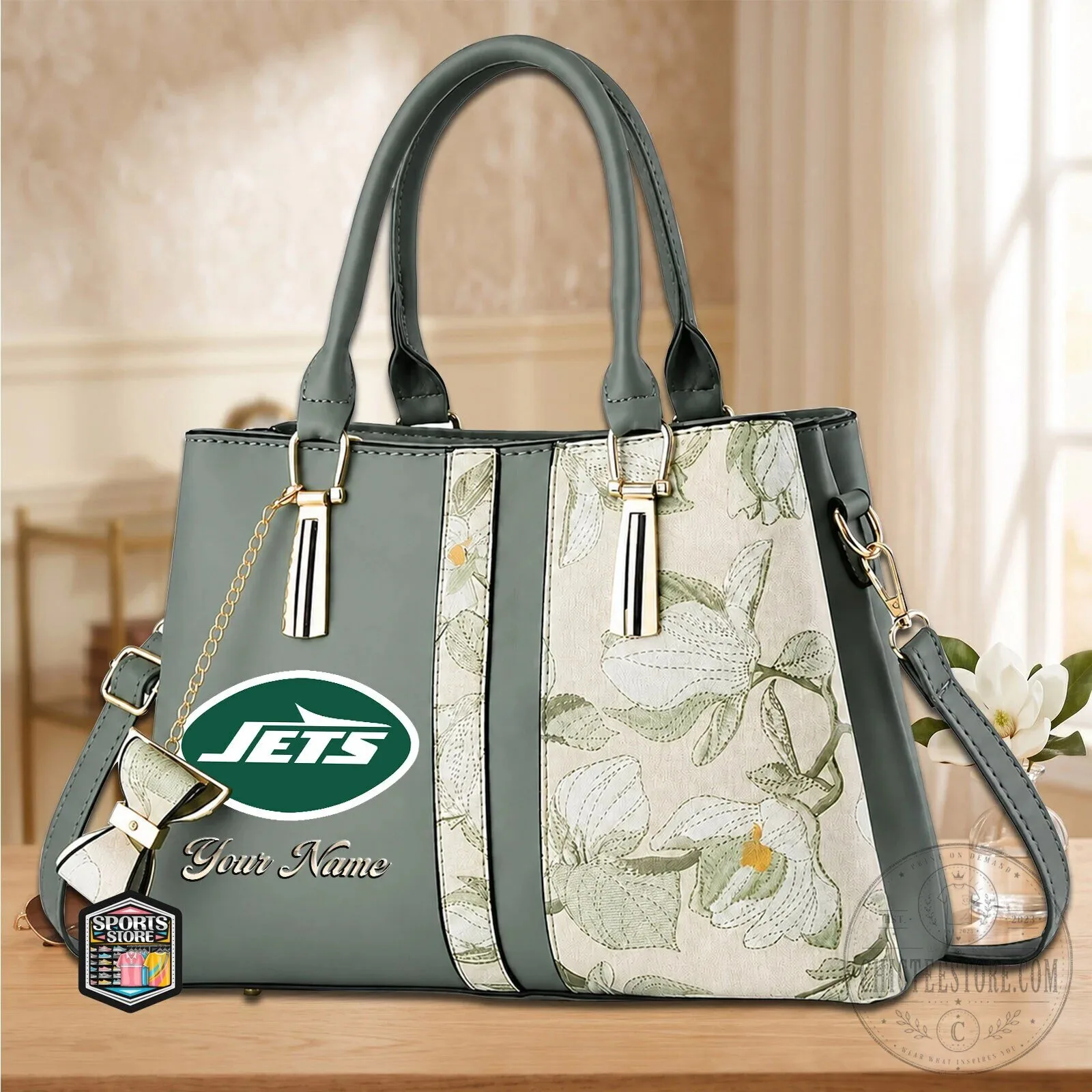 New York Jets Floral Pattern Women's Leather Handbag