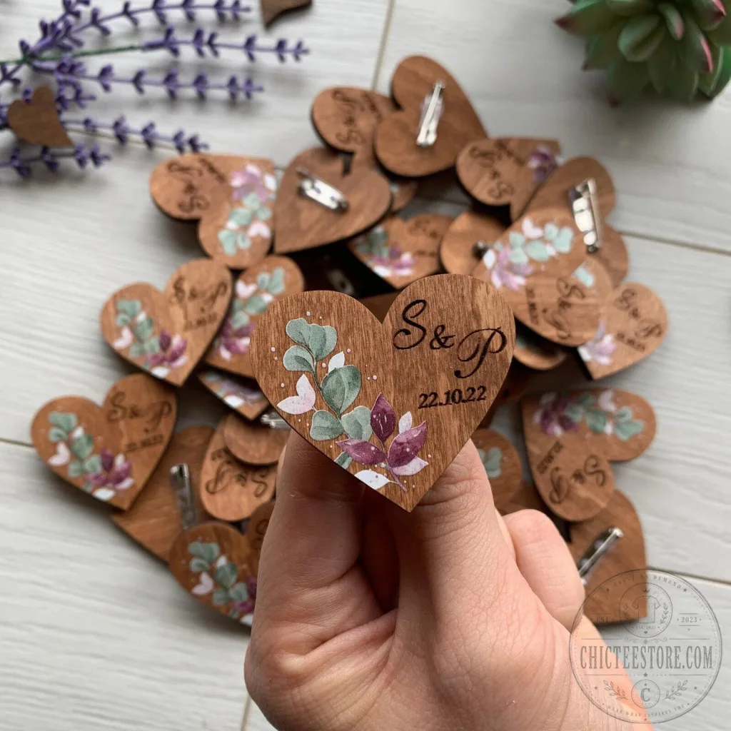 Personalized Wedding Boutonniere Pins for Guests, Engraved Wooden Heart Tags