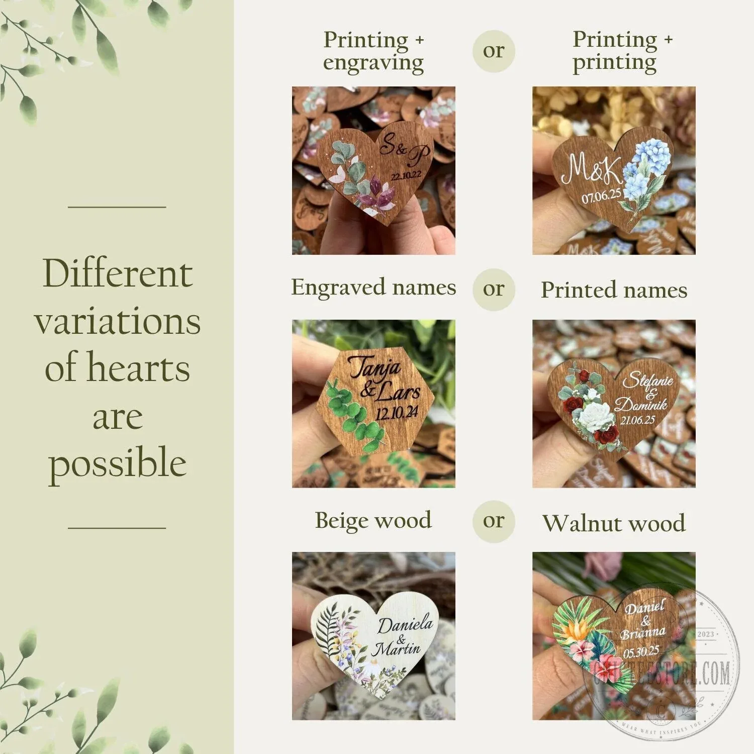 Personalized Wedding Boutonniere Pins for Guests, Engraved Wooden Heart Tags 9 Personalized Wedding Boutonniere Pins for Guests, Engraved Wooden Heart Tags