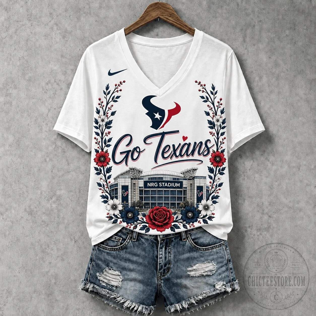 Houston Texans Football NRG Stadium Floral V-Neck T-Shirt for Women