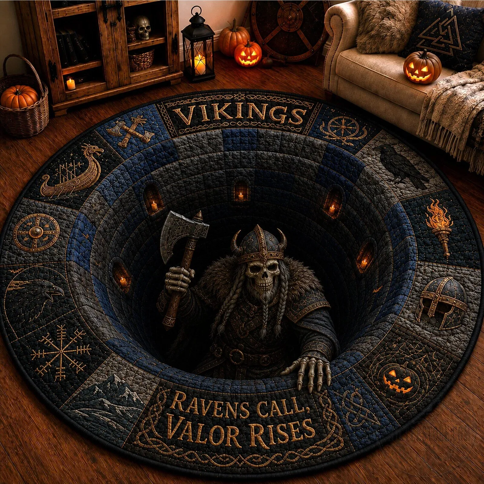 Vikings Ravens Call Valor Rises Quilted Round Floor Mat