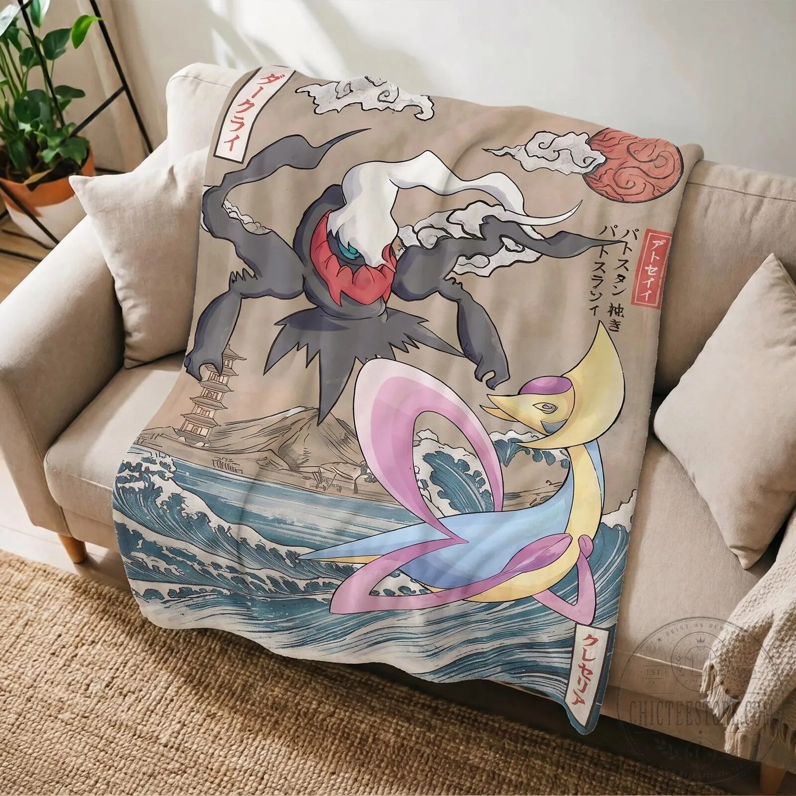 Pokemon Darkrai and Cresselia Ukiyo-e Japanese Art Fleece Blanket