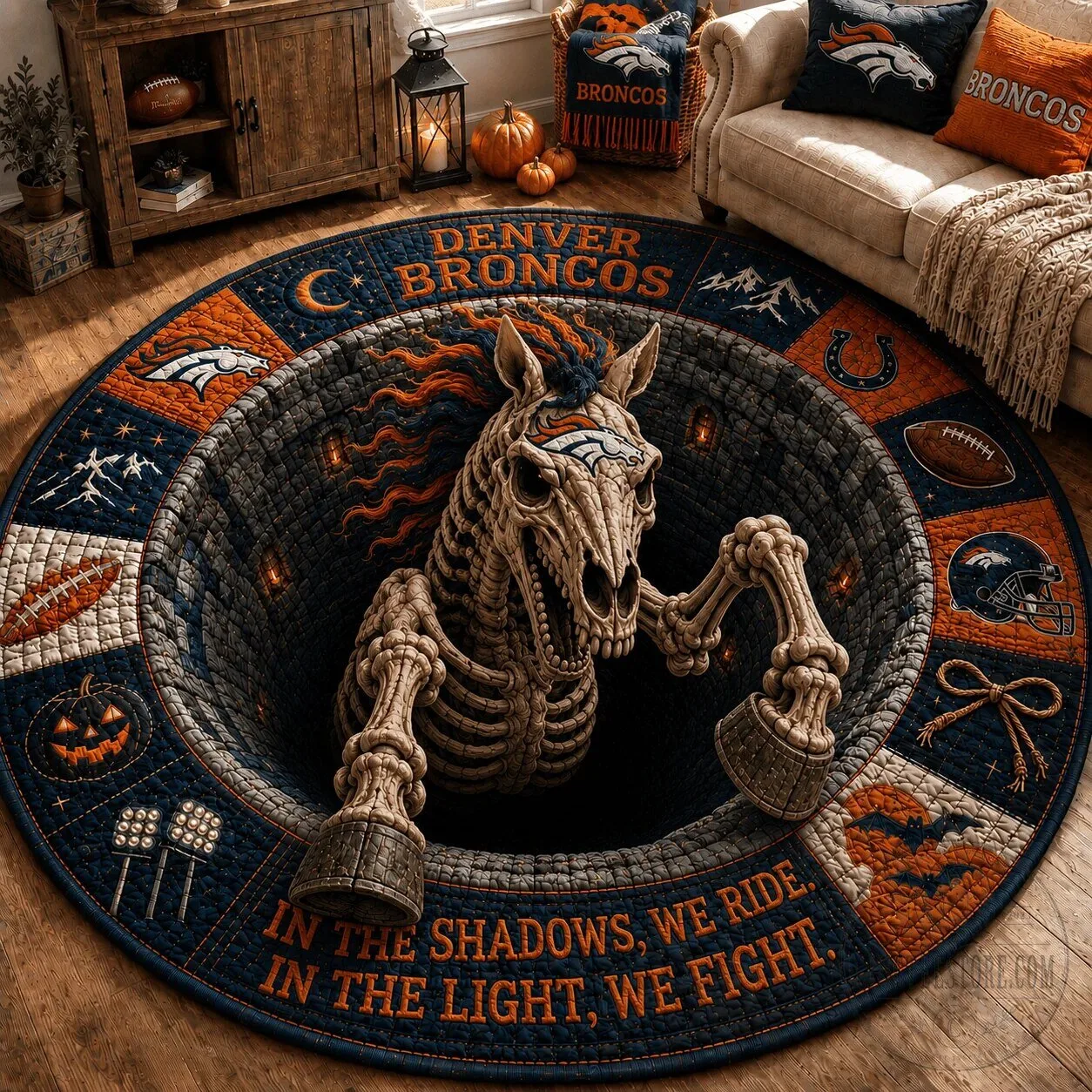 Denver Broncos Skeleton Horse Halloween Round Quilted Mat