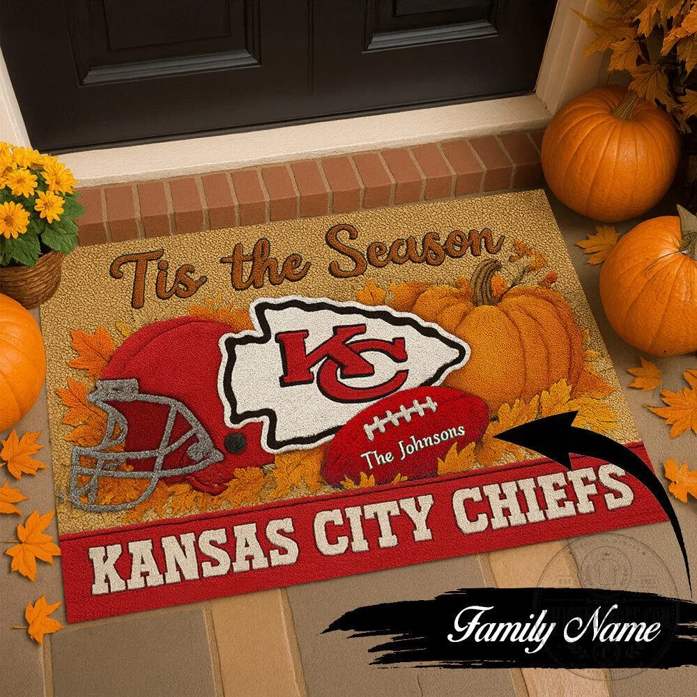 Kansas City Chiefs Tis The Season Football Helmet And Pumpkin Fall Doormat