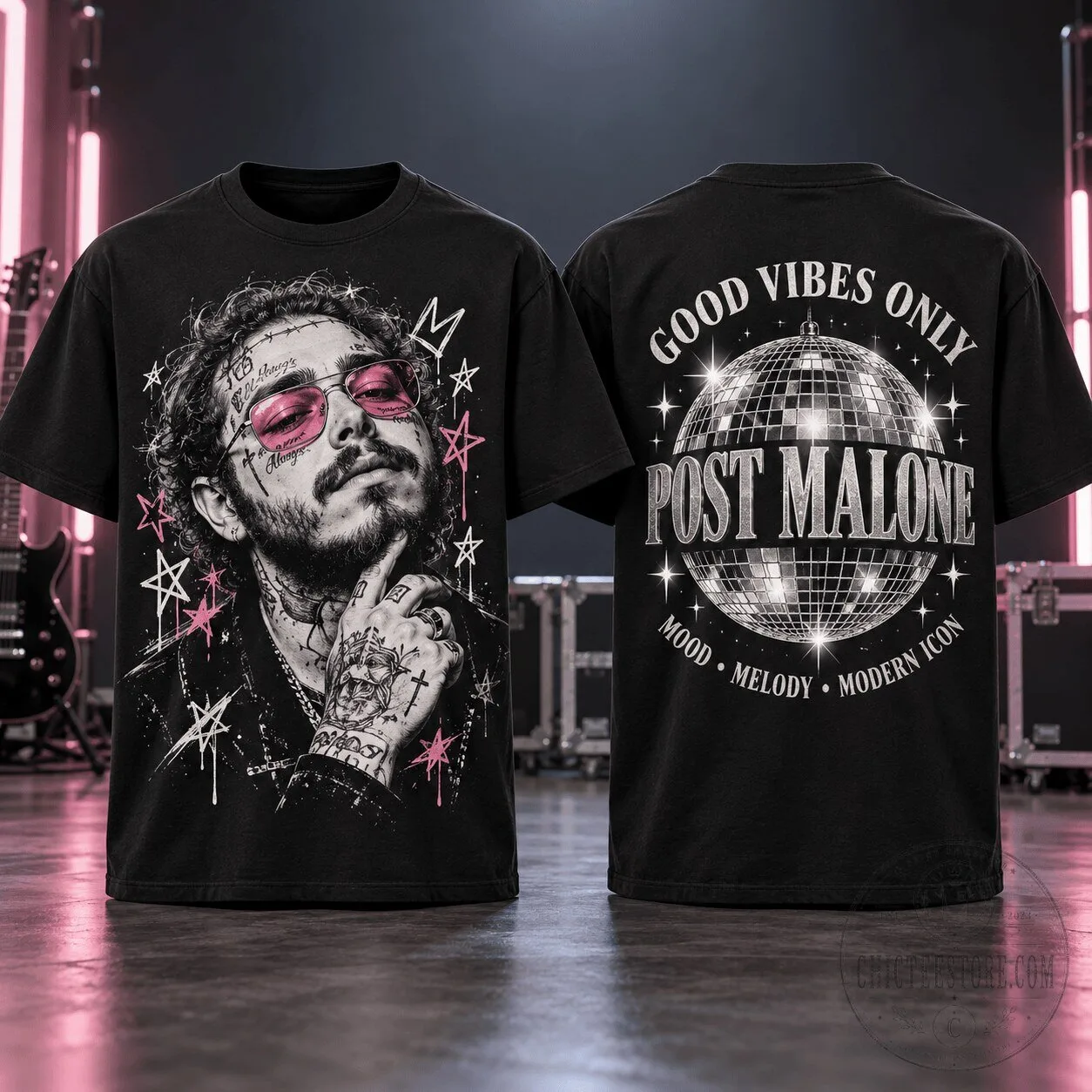 Post Malone Pink Sunglasses Disco Ball Good Vibes Only Black T-Shirt