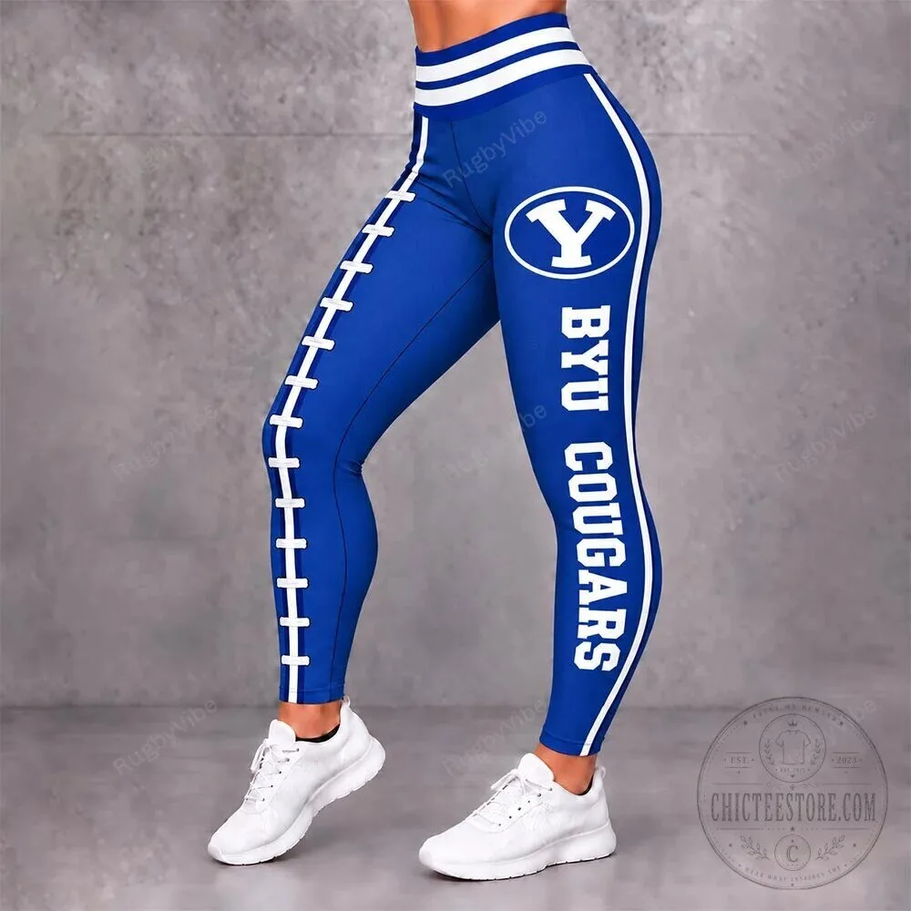 BYU Cougars Football Team White Stripe Blue Athletic Leggings