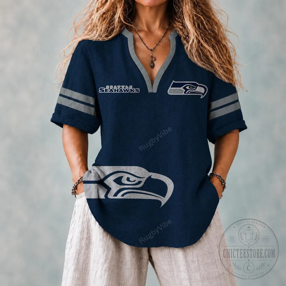 Seattle Seahawks Football Team Logo Dark Blue V-Neck Short Sleeve T-Shirt