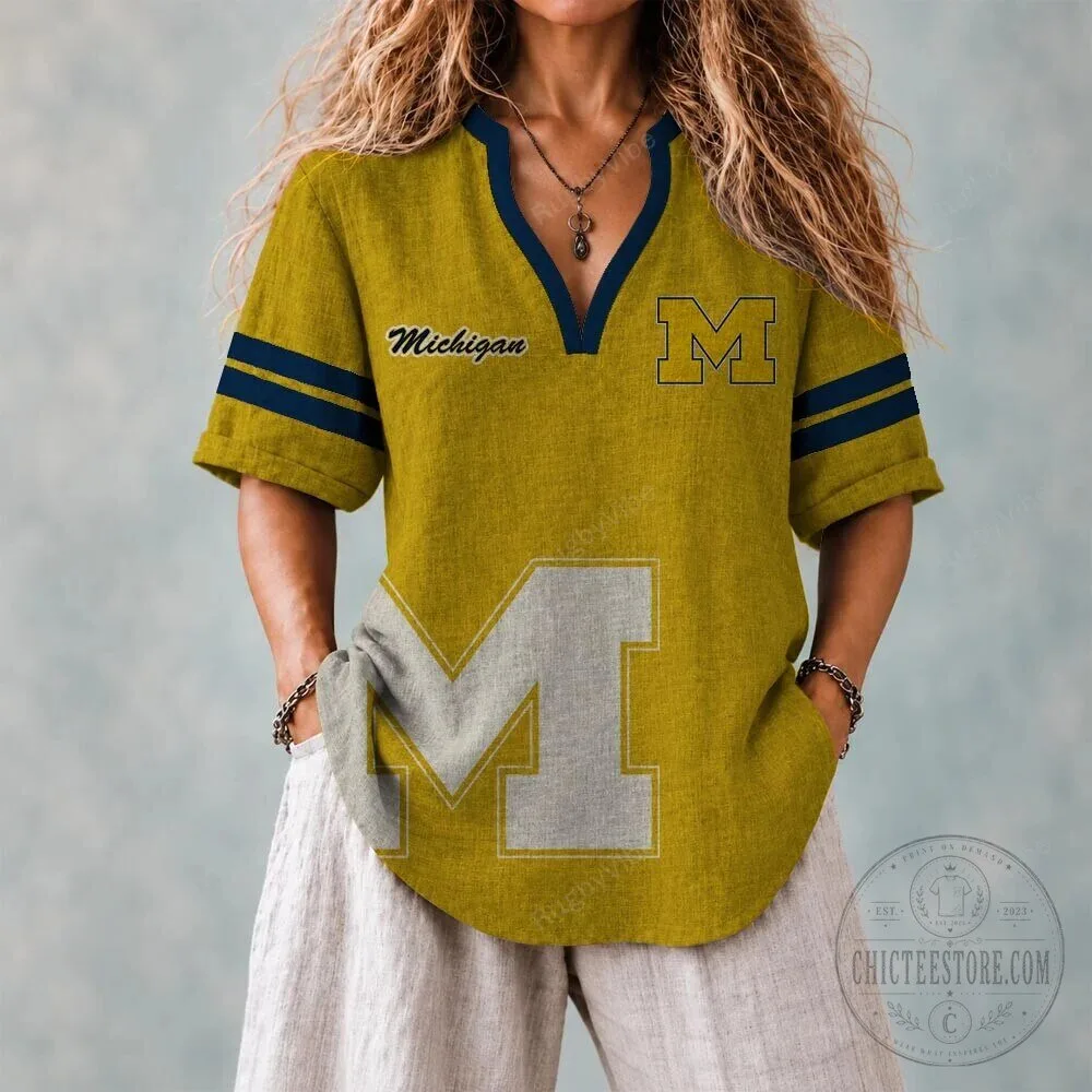 Michigan Wolverines Football Team Logo Gold Short Sleeve Polo Shirt