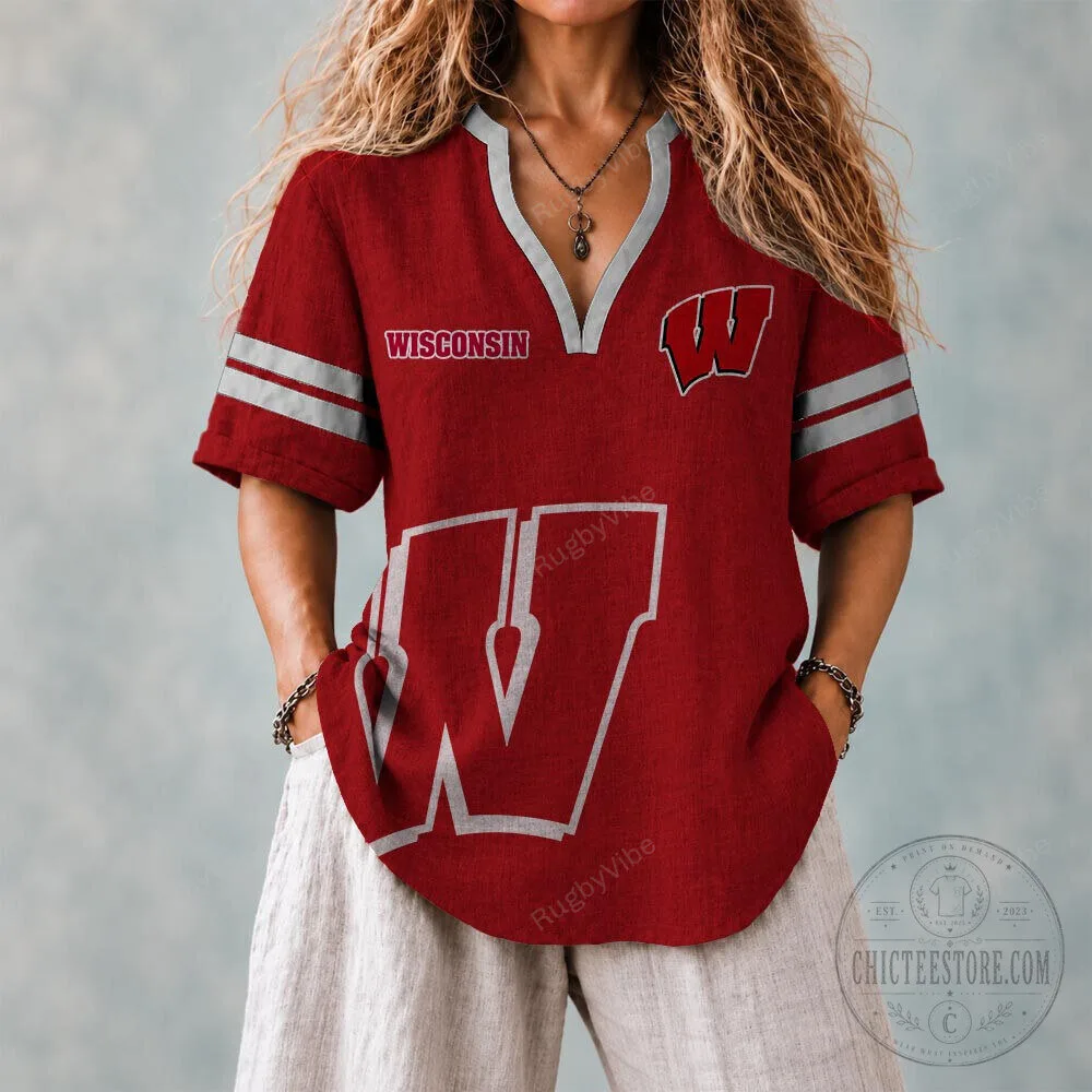 Wisconsin Badgers Red and White Striped V-Neck Short Sleeve Top