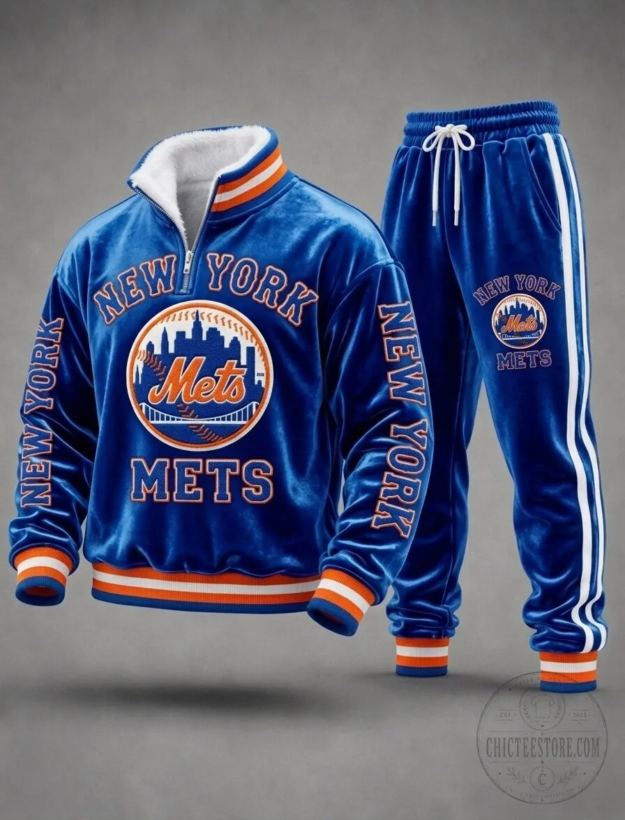 New York Mets Baseball Team Royal Blue Velvet Tracksuit Set